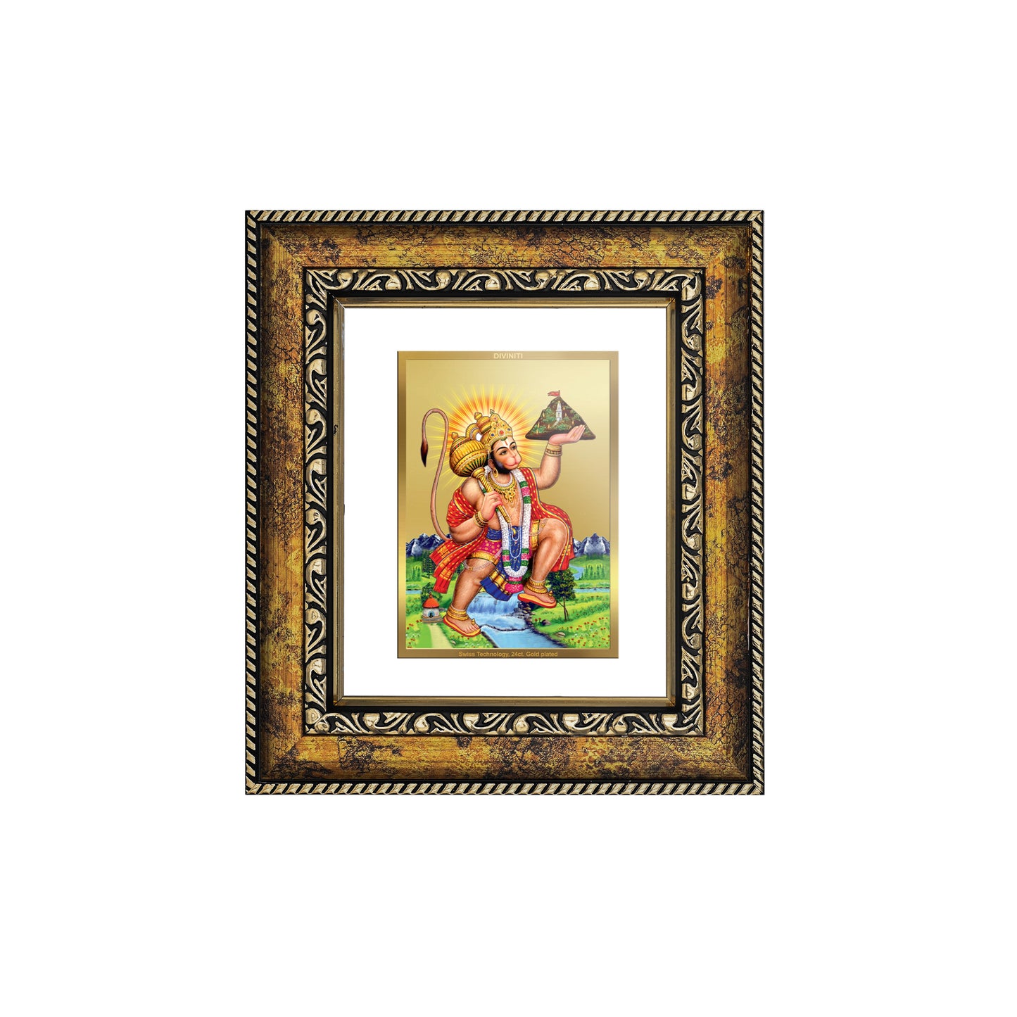 DIVINITI 24K Gold Plated Foil Hanuman with Parvat Wall Photo Frame, Table Decor for Home & Office Decor Gift Items DG 113 Size 1 (17.7x15.9 CM)