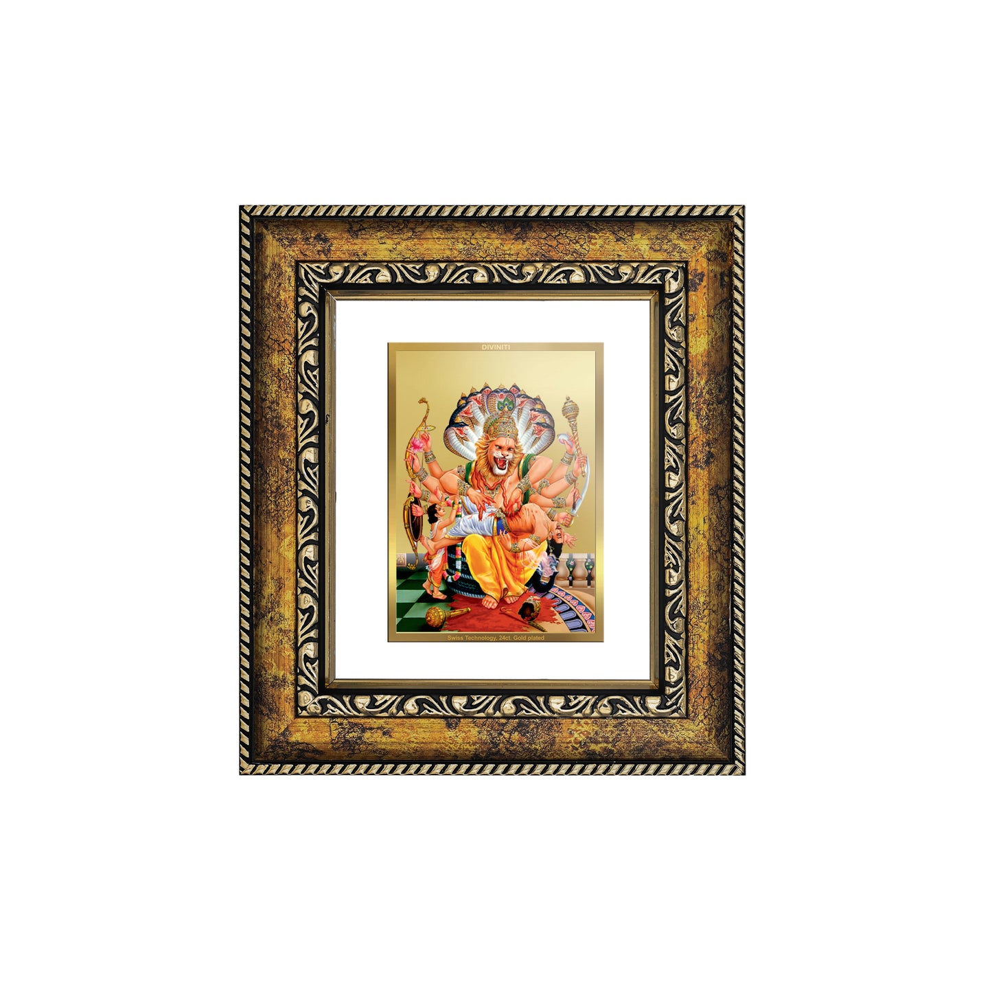 DIVINITI 24K Gold Plated Foil Narasimha Wall Photo Frame, Table Decor for Home & Office Decor Gift Items DG 113 Size 1 (17.7x15.9 CM)