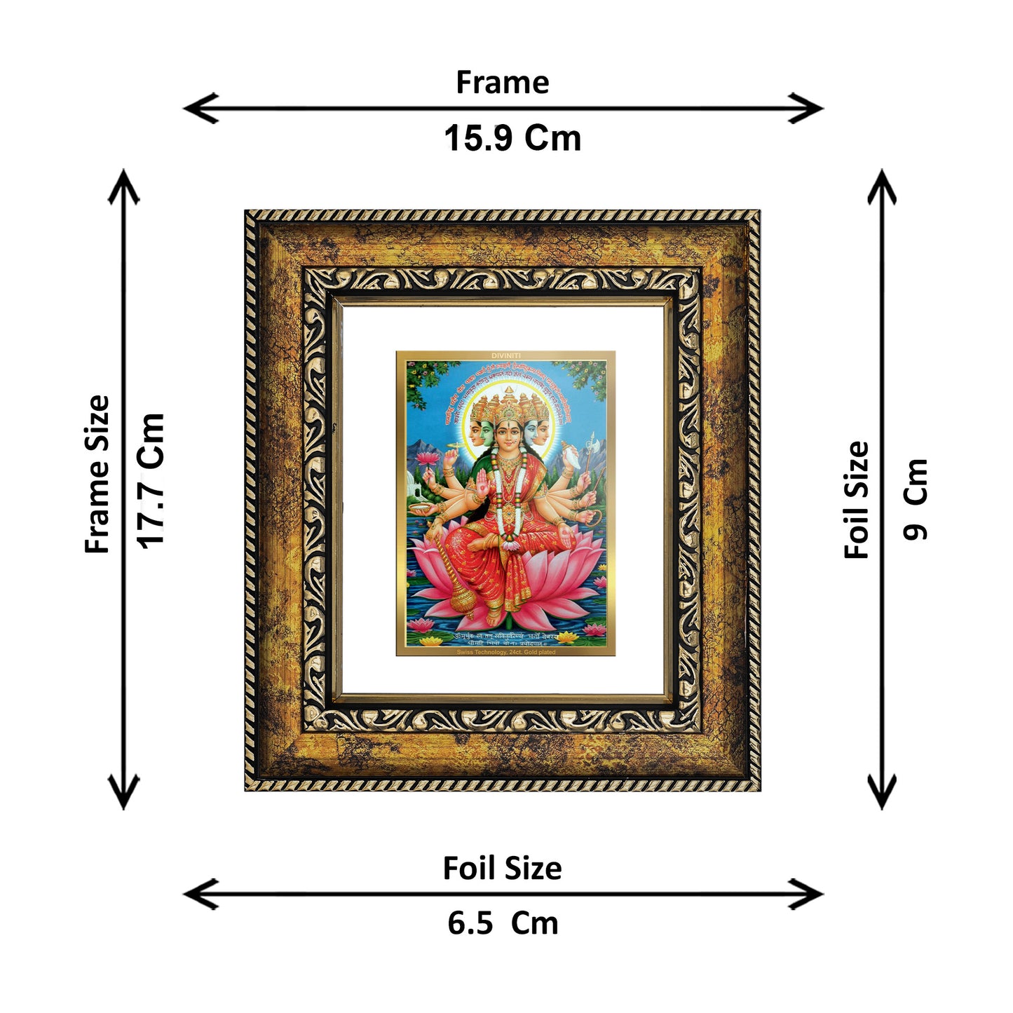 DIVINITI 24K Gold Plated Foil Goddess Gayatri Wall Photo Frame, Table Decor for Home & Office Decor Gift Items DG 113 Size 1 (17.7x15.9 CM)