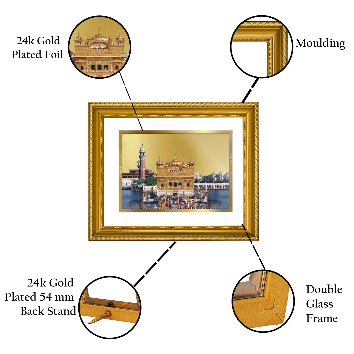 Diviniti 24K Gold Plated Golden Temple Wooden Photo Frame for Home & Office Decor, Wall Hanging, Tabletop, Puja Room, Gift DG056S2.5 (29.5x24.5 CM)