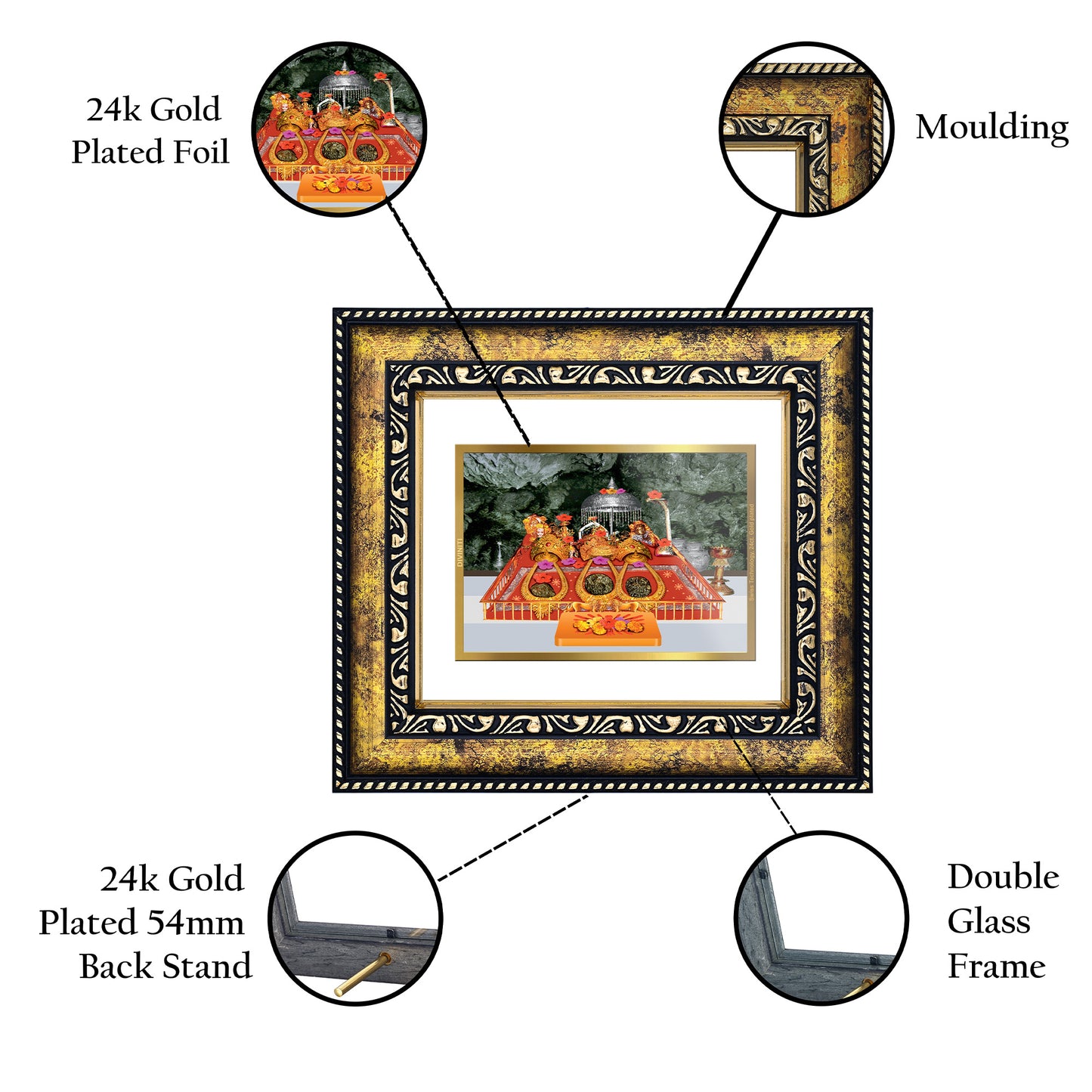 DIVINITI 24K Gold Plated Mata Ka Darbar Photo Frame Idol for Home Decor, Puja Room, Table Top, Wall Hanging, Workshop, Luxurious Gift|DG113 Size 2 (22.6x18.4 CM)