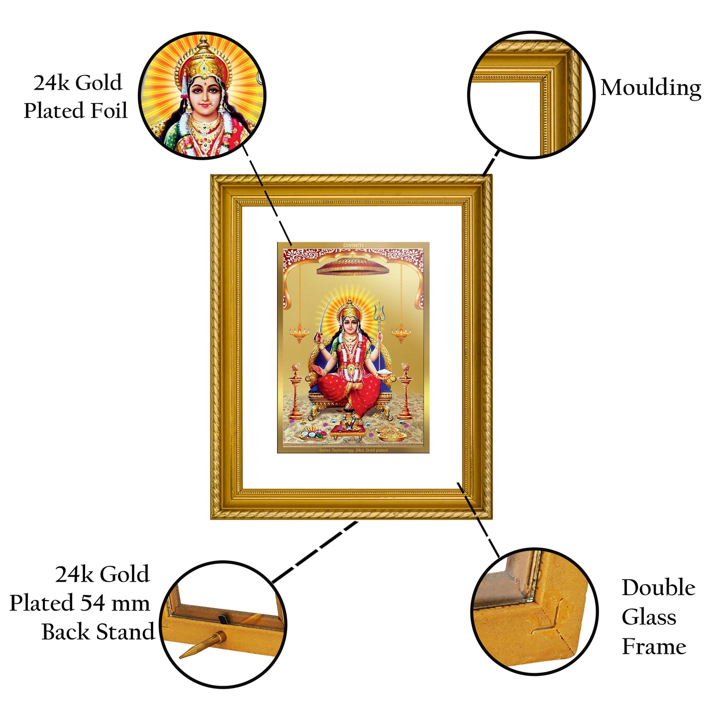 Diviniti 24K Gold Plated Santoshi Mata Wooden Photo Frame for Home & Office Decor, Wall Hanging, Tabletop, Puja Room, Gift DG056S2.5 (29.5x24.5 CM)