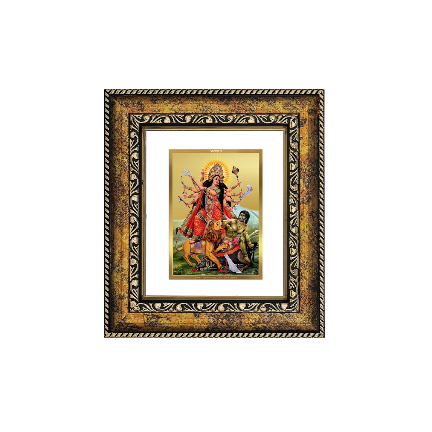 DIVINITI 24K Gold Plated Foil Goddess Durga Wall Photo Frame, Table Decor for Home & Office Decor Gift Items DG 113 Size 1 (17.7x15.9 CM)