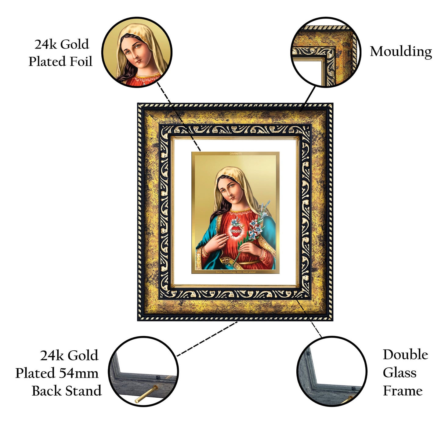 DIVINITI 24K Gold Plated Mother Mary Traditional Photo Frame Idol for Home Wall Decor, Workshop, Table Top, Premium Gift|DG113 Size 2 (22.6x18.4 CM)