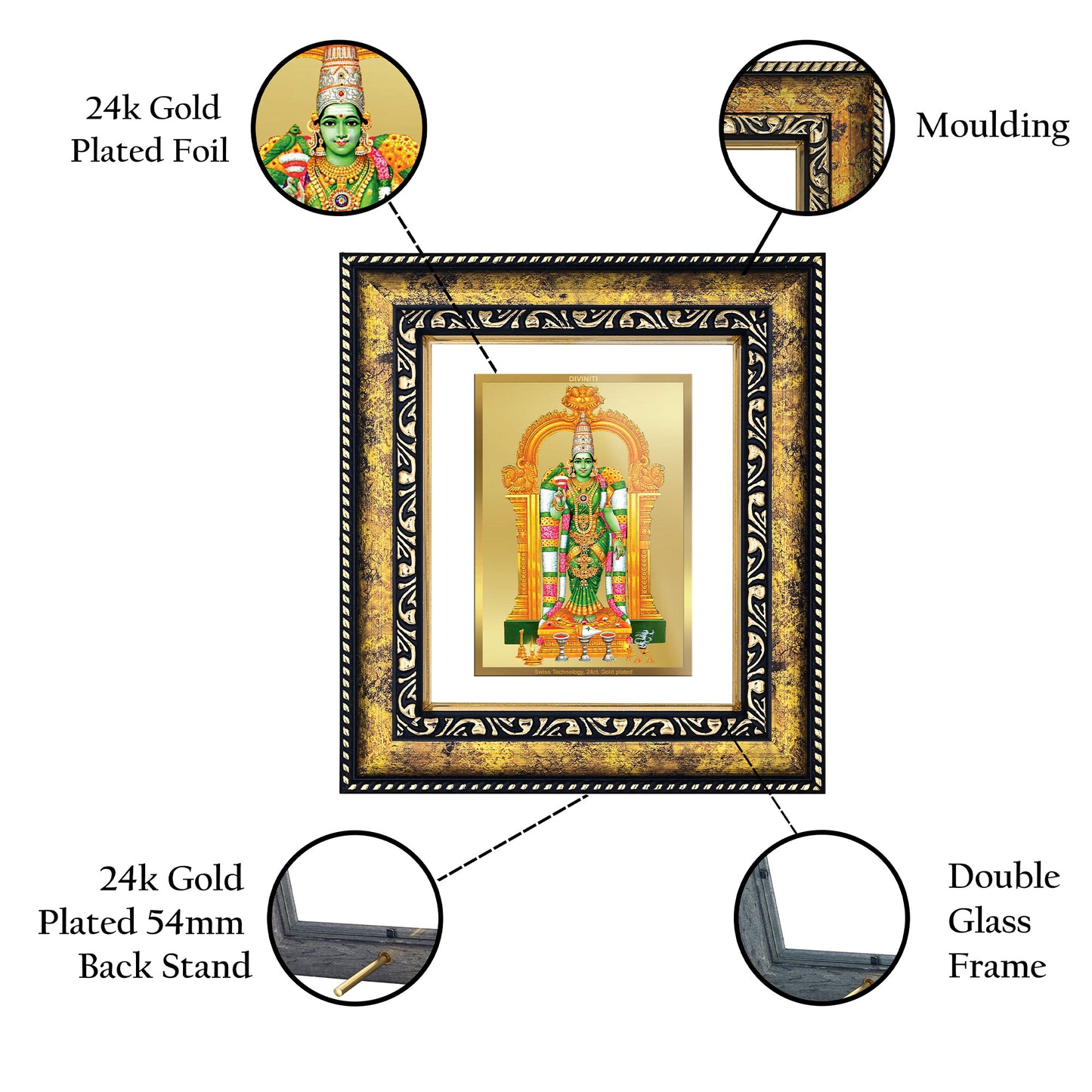 DIVINITI 24K Gold Plated Meenakshi Classic Photo Frame Idol for Home & Office Decor, Wall Hanging, Workshop, Table Top, Gift|DG113 Size 2 (22.6x18.4 CM)