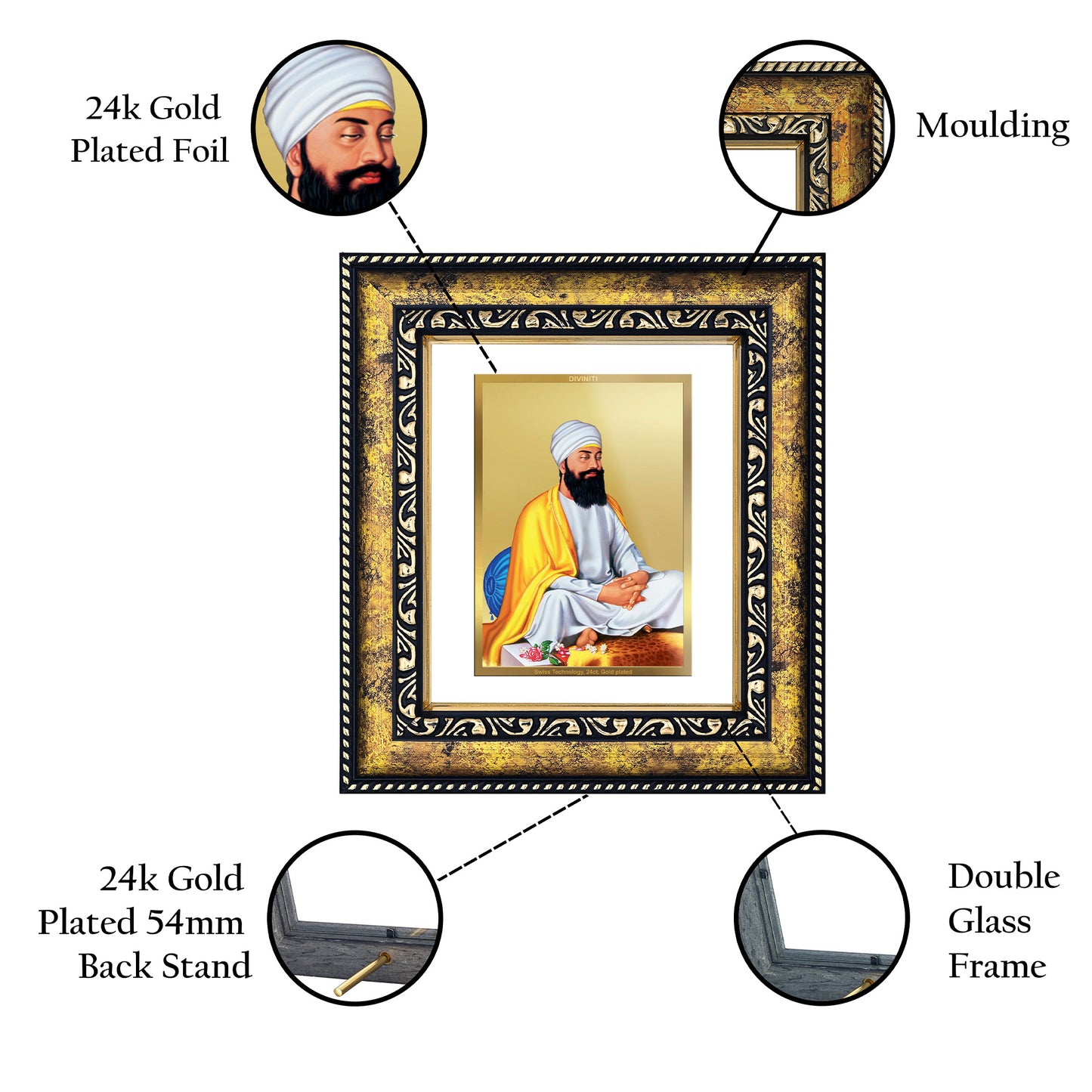 DIVINITI 24K Gold Plated Foil Guru Tegh Bahadur Ji Photo Frame for Home Decor, Puja Room, Table Top, Wall Hanging, Workshop, Gift|DG113 Size 2 (22.6x18.4 CM)