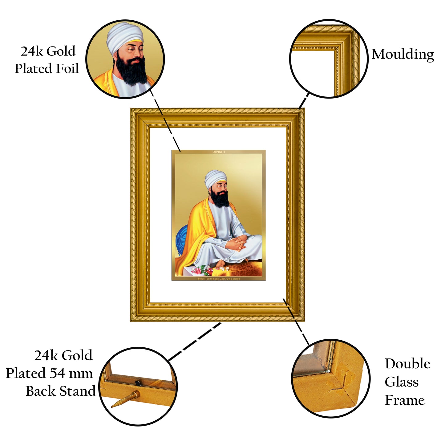 Diviniti 24K Gold Plated Guru Tegh Bahadur Wooden Photo Frame for Home & Office Decor, Wall Hanging, Tabletop, Puja Room, Gift DG056S2.5 (29.5x24.5 CM)