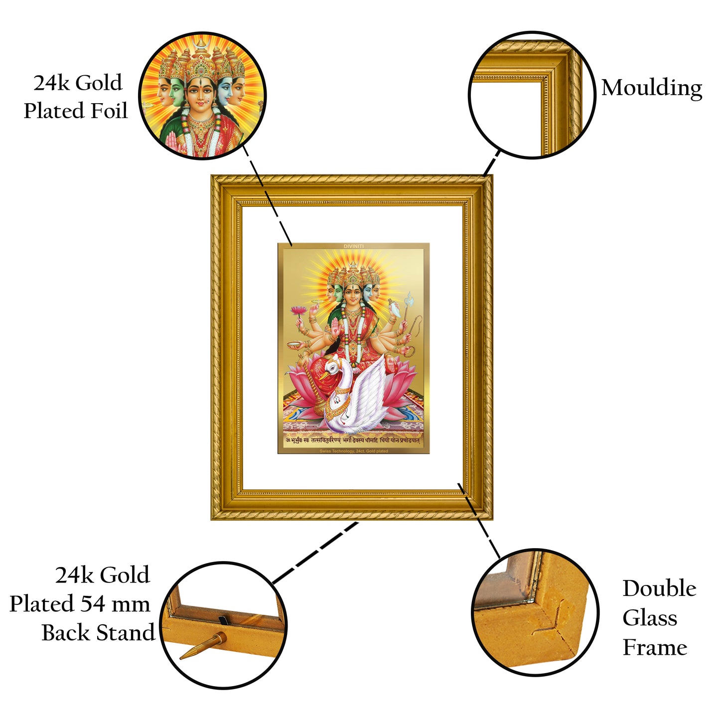 Diviniti 24K Gold Plated Gayatri Mata Wooden Wall Photo Frame for Home & Office Decor, Tabletop, Puja Room, Gift DG056S2.5 (29.5x24.5 CM)