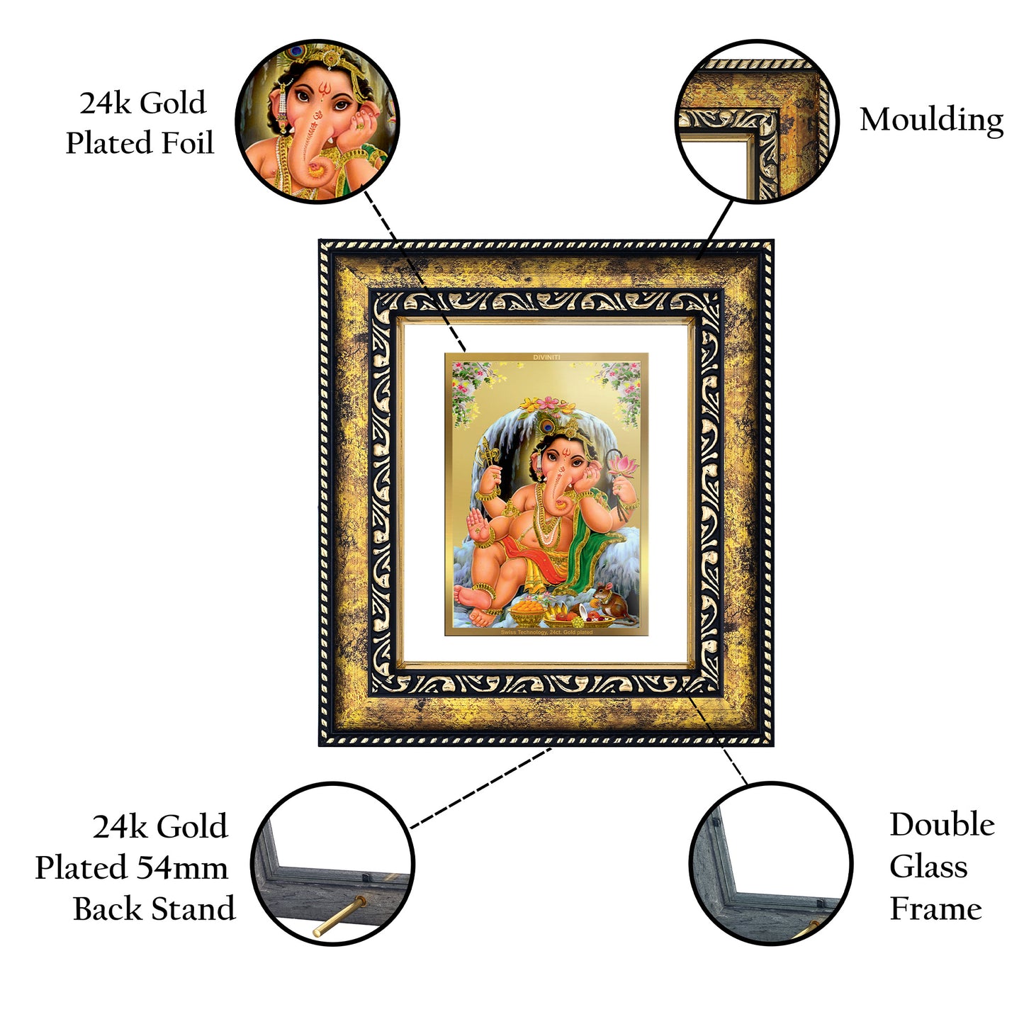 DIVINITI 24K Gold Plated Foil Bal Ganesha Photo Frame for Home Decor, Table Top, Wall Hanging, Workshop, Premium Gift|DG113 Size 2 (22.6x18.4 CM)