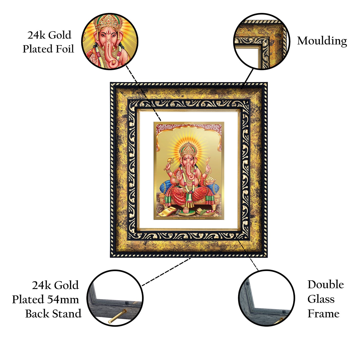 DIVINITI 24K Gold Plated Foil Lord Ganesha Photo Frame for Home & Office Decor, Wall Hanging, Workshop, Table Top, Gift|DG113 Size 2 (22.6x18.4 CM)