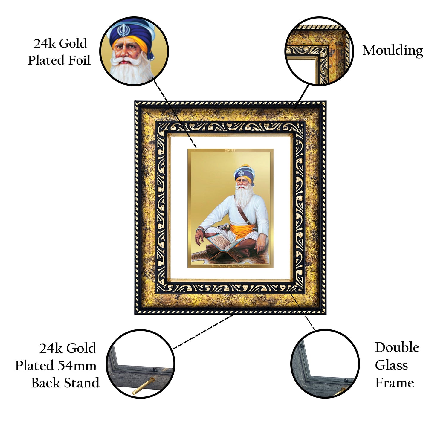 DIVINITI 24K Gold Plated Foil Baba Deep Singh Photo Frame for Home Decor, Puja Room, Table Top, Wall Hanging, Workshop, Gift|DG113 Size 2 (22.6x18.4 CM)