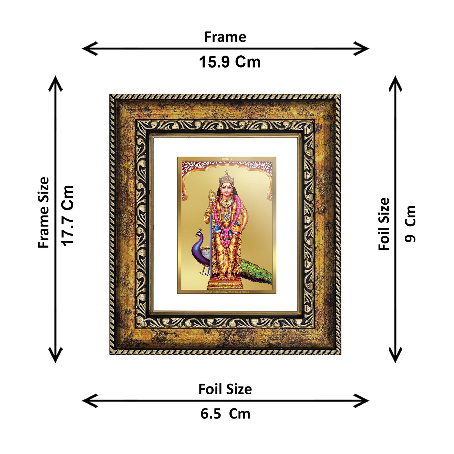 DIVINITI 24K Gold Plated Foil Murugan Wall Photo Frame, Table Decor for Home & Office Decor Gift Items DG 113 Size 1 (17.7x15.9 CM)