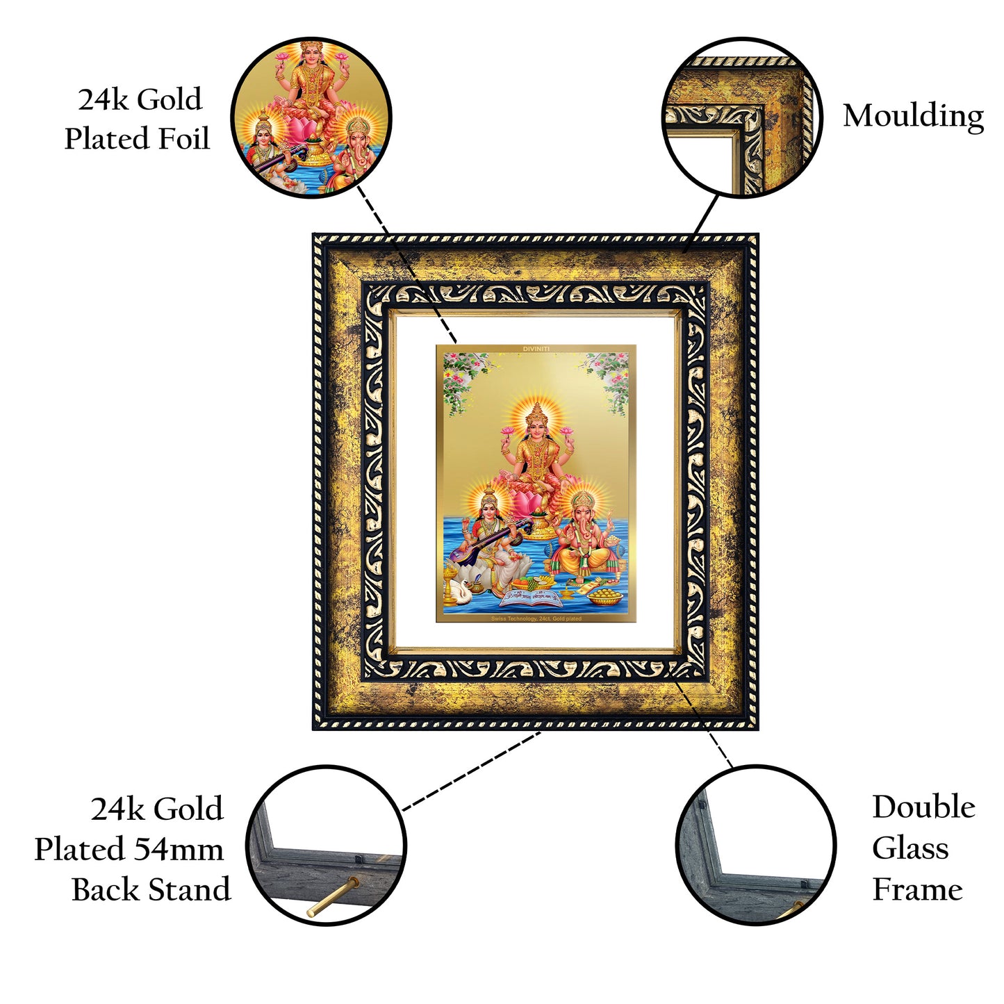 DIVINITI 24K Gold Plated Lakshmi Ganesha Saraswati Traditional Photo Frame Idol for Home Decor, Table Top, Wall Hanging, Workshop, Premium Gift|DG113 Size 2 (22.6x18.4 CM)