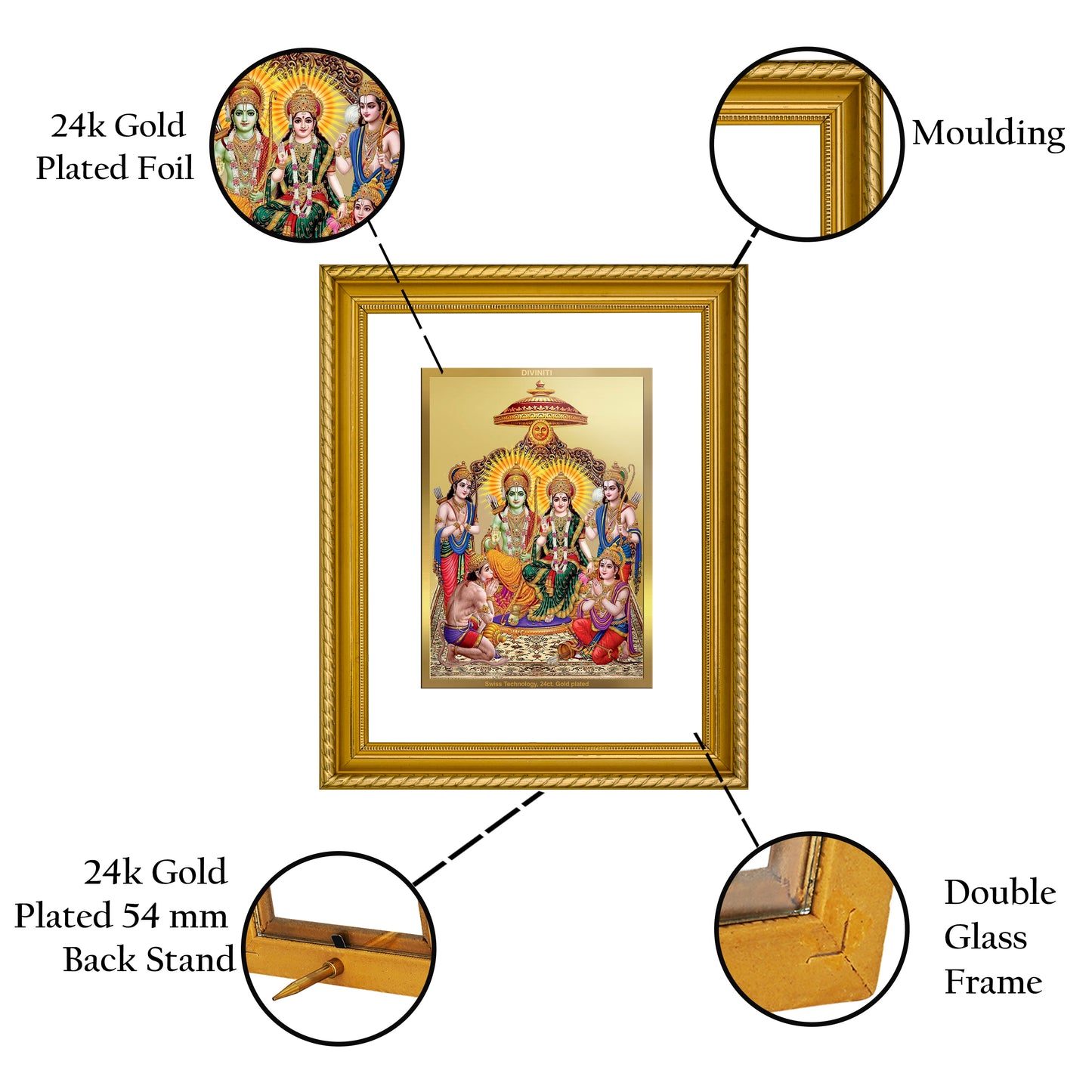 Diviniti 24K Gold Plated Ram Darbar Wooden Wall Photo Frame for Home & Office Decor, Tabletop, Puja Room, Gift DG056S2.5 (29.5x24.5 CM)