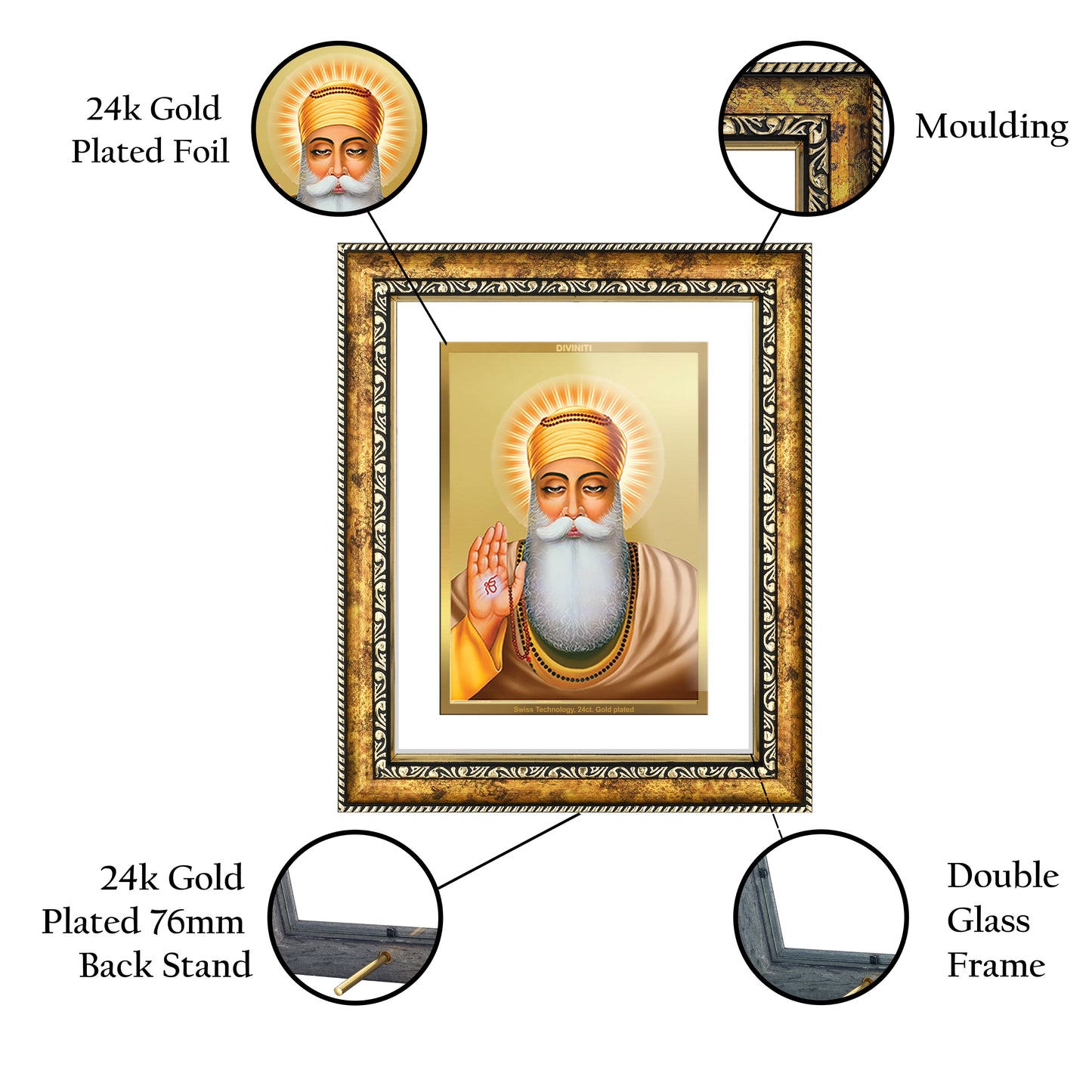 DIVINITI 24K Gold Plated Guru Nanak Wall Photo Frame for Home Decor, Wall Hanging, Table Top, Puja Room & Gift DG113S3 (27.6X35.4 CM)