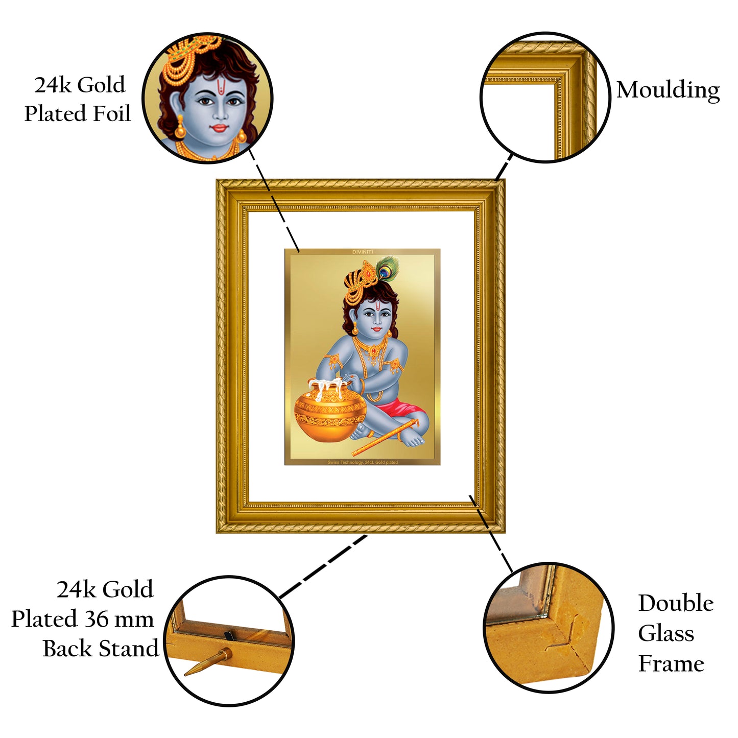 Diviniti 24K Gold Plated Bal Gopal Wooden Photo Frame for Home & Office Decor, Wall Hanging, Tabletop, Puja Room, Gift DG056S2.5 (29.5x24.5 CM)