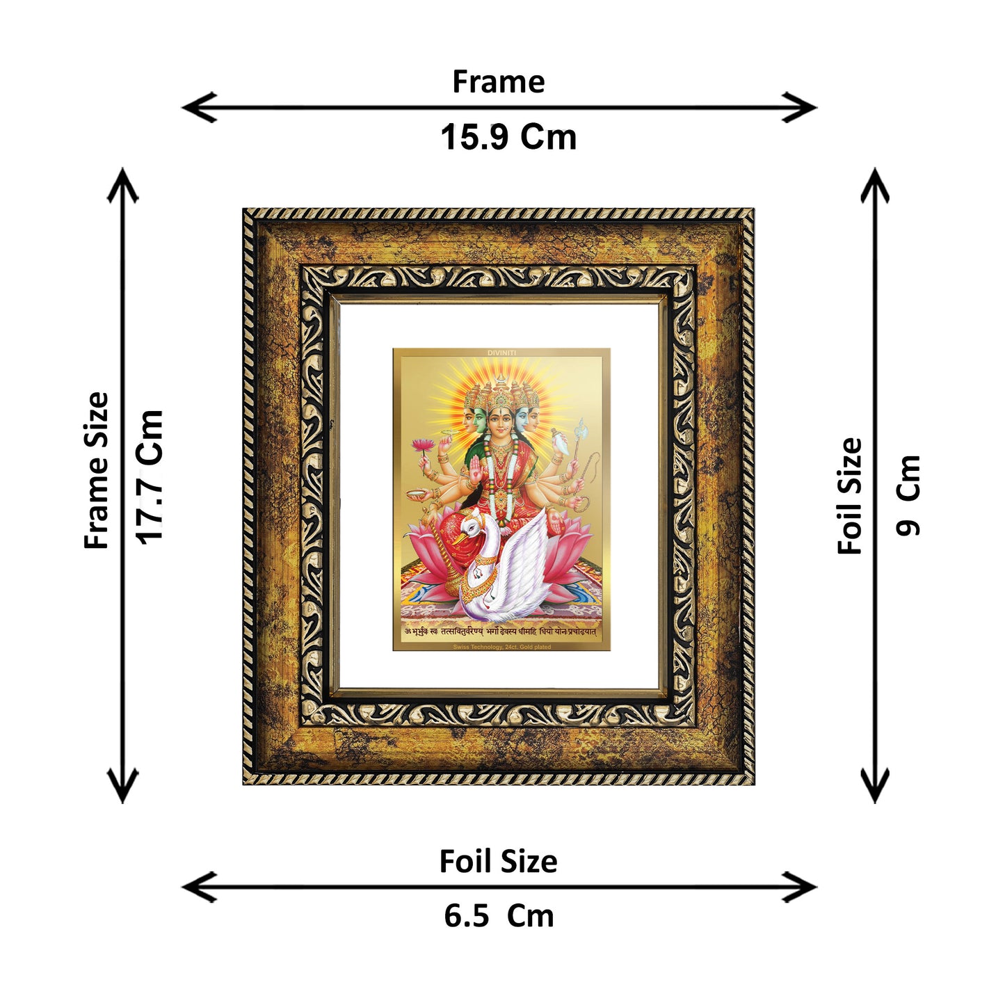 DIVINITI 24K Gold Plated Foil Gayatri Mata Wall Photo Frame, Table Decor for Home & Office Decor Gift Items DG 113 Size 1 (17.7x15.9 CM)