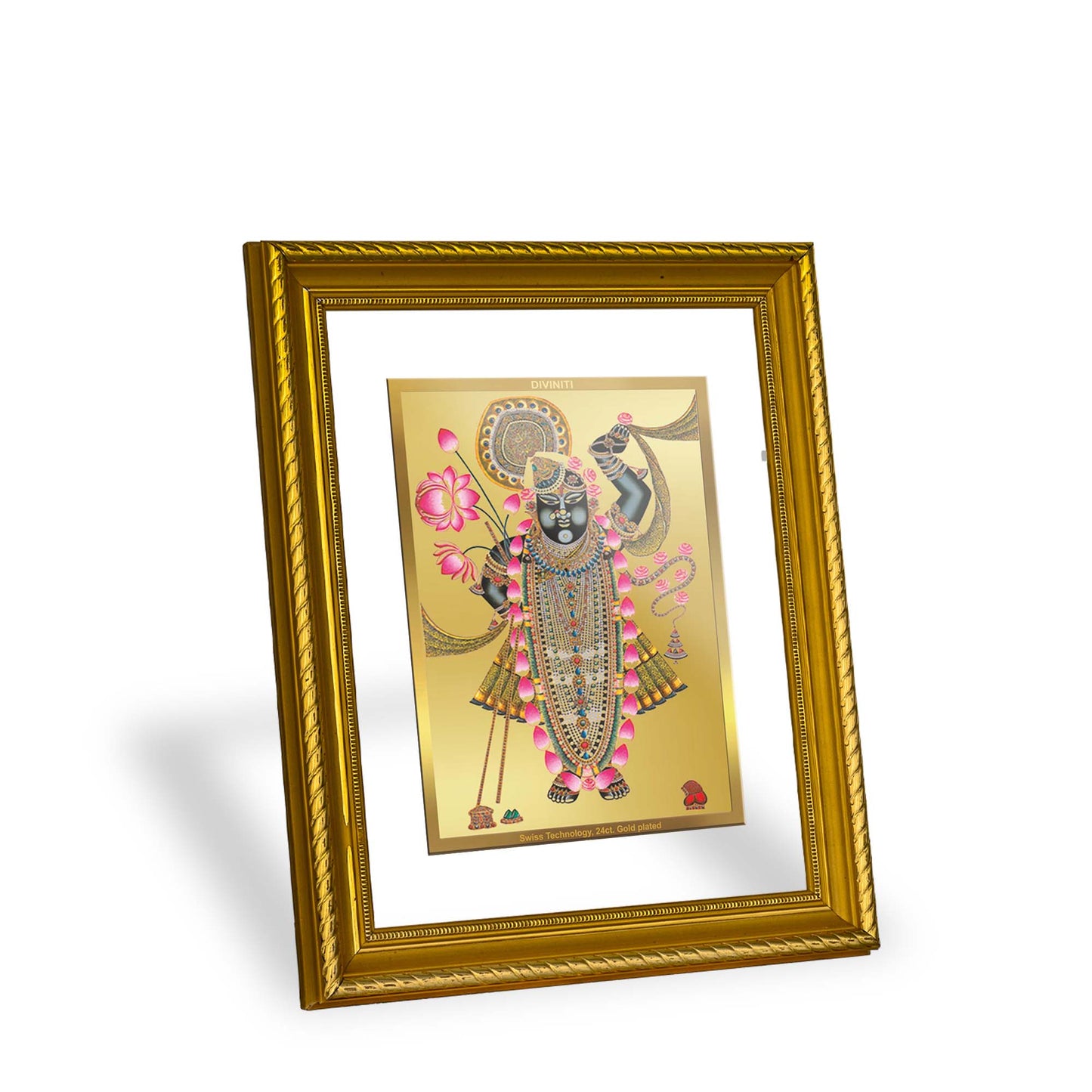 DIVINITI 24K Gold Plated Shrinathji Wooden Premium Photo Frame Idol for Wall Hanging, Workshop, Table Top, Home Decor, Luxury Gift | DG113 Size 2 (22.6x18.4 CM)