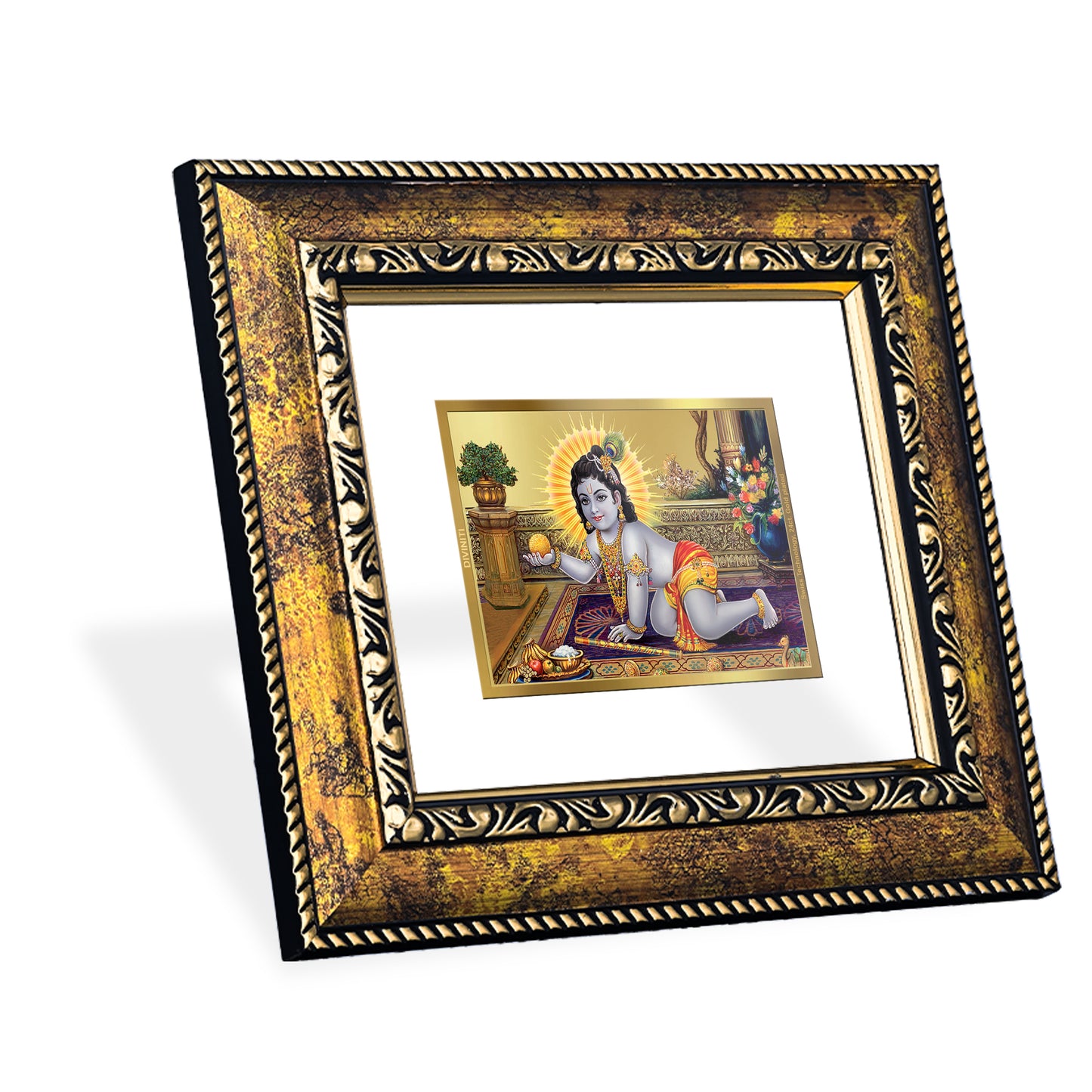 DIVINITI 24K Gold Plated Foil Laddu Gopal Photo Frame for Home & Office Decor, Wall Hanging, Workshop, Table Top, Gift|DG113 Size 2 (22.6x18.4 CM)