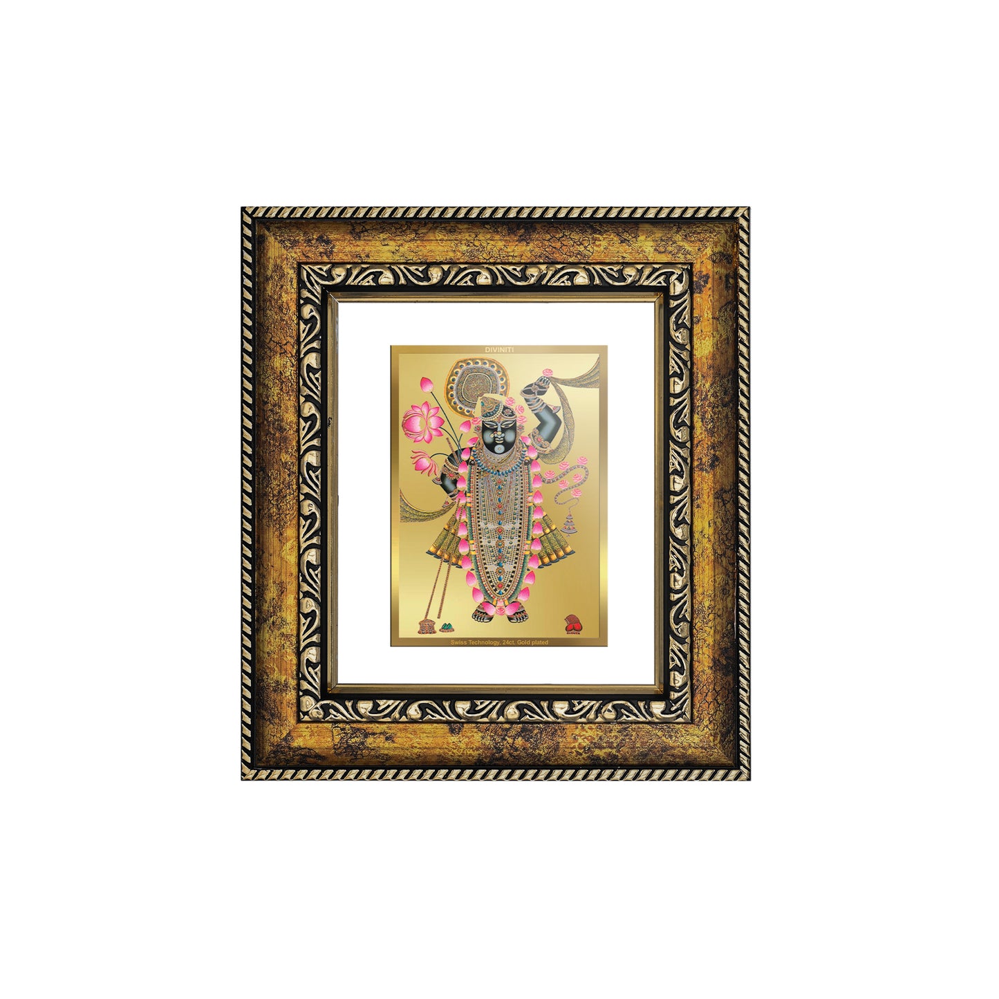 DIVINITI 24K Gold Plated Foil Shrinathji Wall Photo Frame, Table Decor for Home & Office Decor Gift Items DG 113 Size 1 (17.7x15.9 CM)