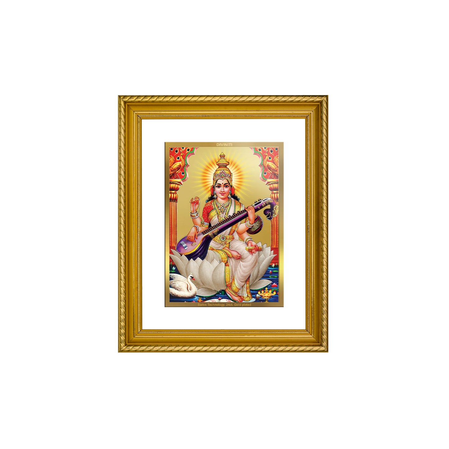 Diviniti 24K Gold Plated Saraswati Wooden Photo Frame for Home & Office Decor, Wall Hanging, Tabletop, Puja Room, Gift DG056S2.5 (29.5x24.5 CM)