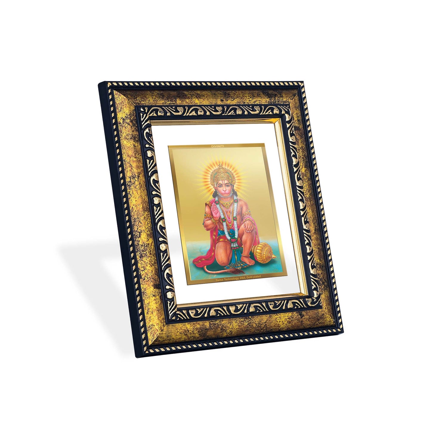 DIVINITI 24K Gold Plated Foil Hanuman Wooden Photo Frame for Home Wall Decor, Workshop, Table Top, Premium Gift | DG113 Size 2 (22.6x18.4 CM)