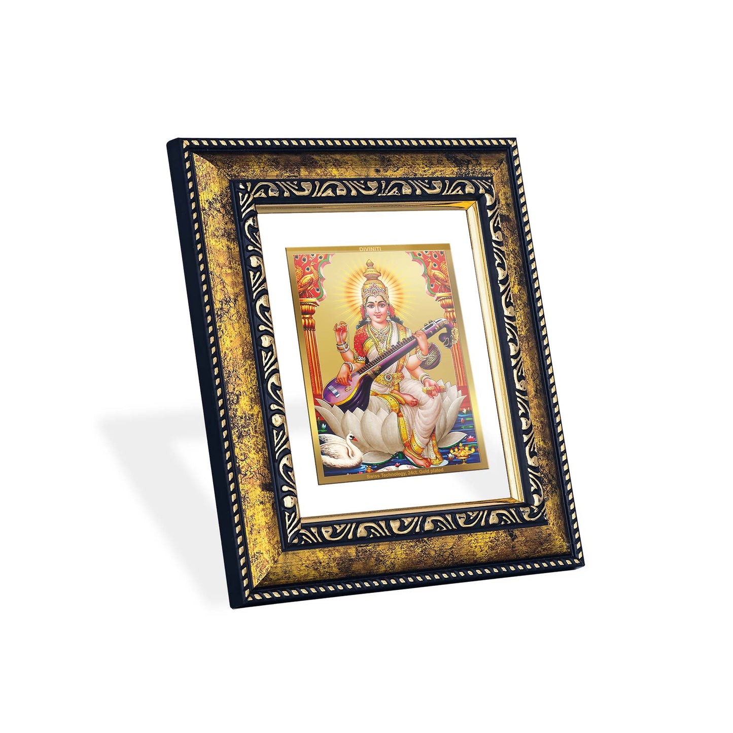 DIVINITI 24K Gold Plated Goddess Saraswati Wooden Photo Frame Idol for Home Decor, Puja Room, Table Top, Wall Hanging, Workshop, Luxurious Gift | DG113 Size 2 (22.6x18.4 CM)