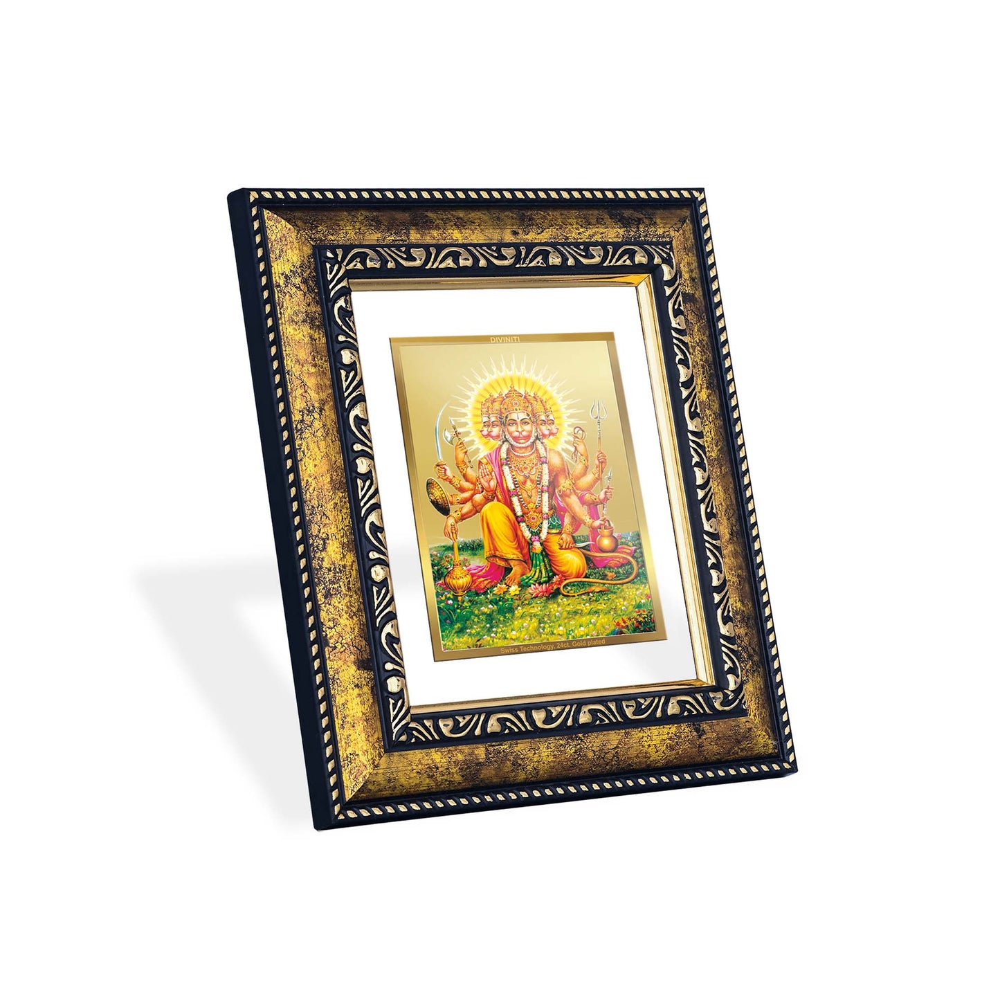 DIVINITI 24K Gold Plated Panchmukhi Hanuman Photo Frame Idol for Home Decor, Puja Room, Table Top, Wall Hanging, Workshop, Luxurious Gift|DG113 Size 2 (22.6x18.4 CM)