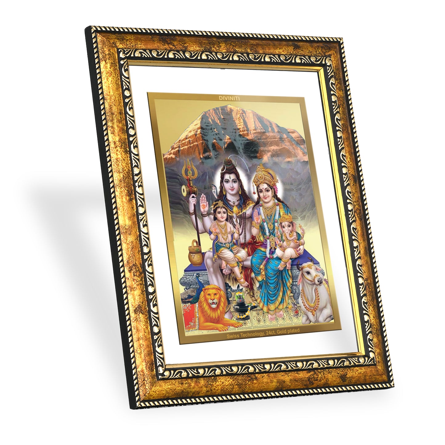 DIVINITI 24K Gold Plated Shivji Parivar Wall Photo Frame for Home Decor, Wall Hanging, Table Top, Puja Room & Gift DG113S3 (27.6X35.4 CM)