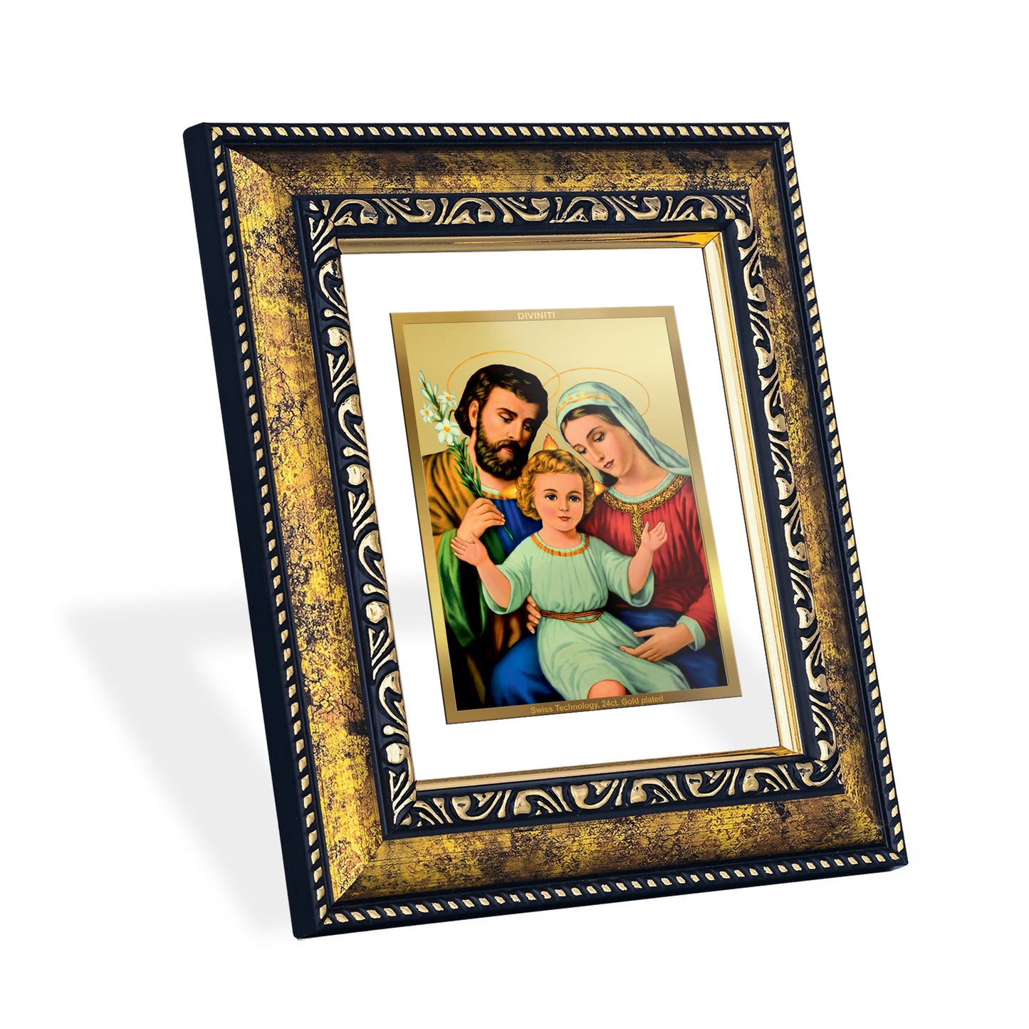 DIVINITI 24K Gold Plated Foil Holy Family Photo Frame for Home Decor, Puja Room, Table Top, Wall Hanging, Workshop, Gift|DG113 Size 2 (22.6x18.4 CM)