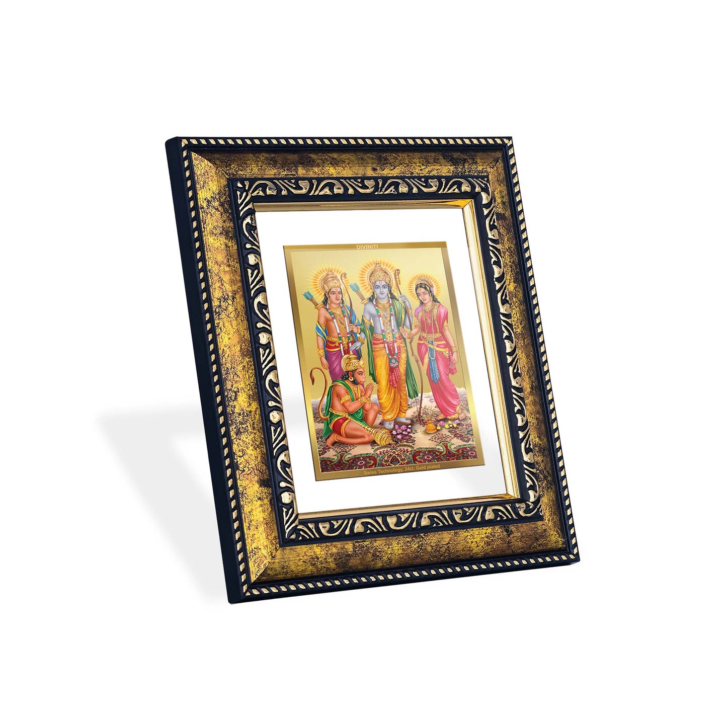 DIVINITI 24K Gold Plated Shri Ram Darbar Wooden Premium Photo Frame Idol for Puja Room, Home Wall Decor, Workshop, Table Top, Premium Gift | DG113 Size 2 (22.6x18.4 CM)