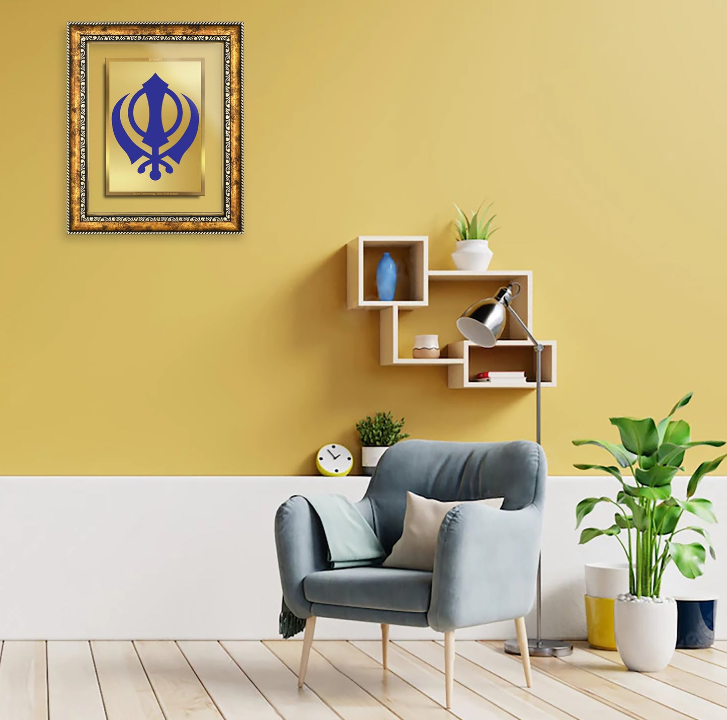 DIVINITI 24K Gold Plated Khanda Sahib Wall Photo Frame for Home Decor, Wall Hanging, Table Top, Puja Room & Gift DG113S3 (27.6X35.4 CM)