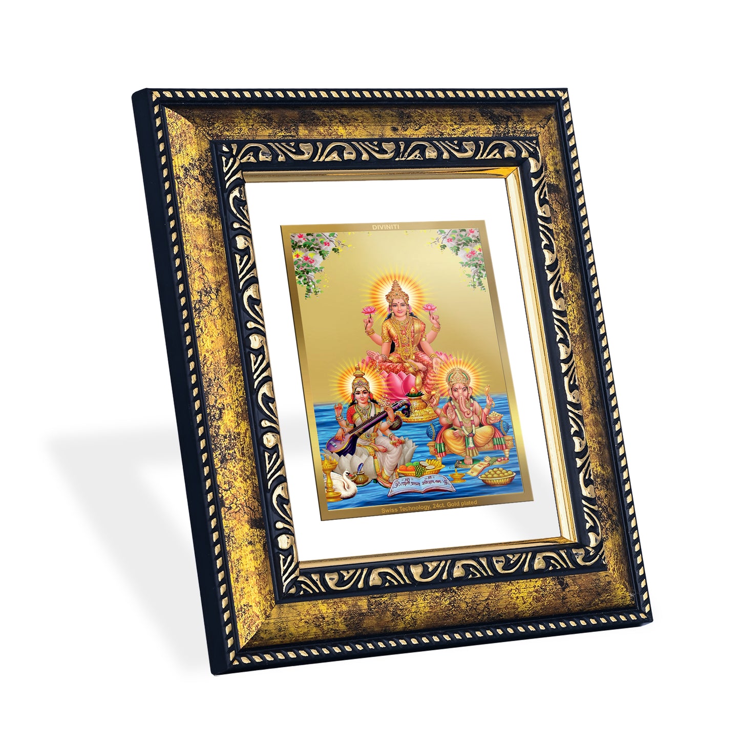 DIVINITI 24K Gold Plated Lakshmi Ganesha Saraswati Traditional Photo Frame Idol for Home Decor, Table Top, Wall Hanging, Workshop, Premium Gift|DG113 Size 2 (22.6x18.4 CM)