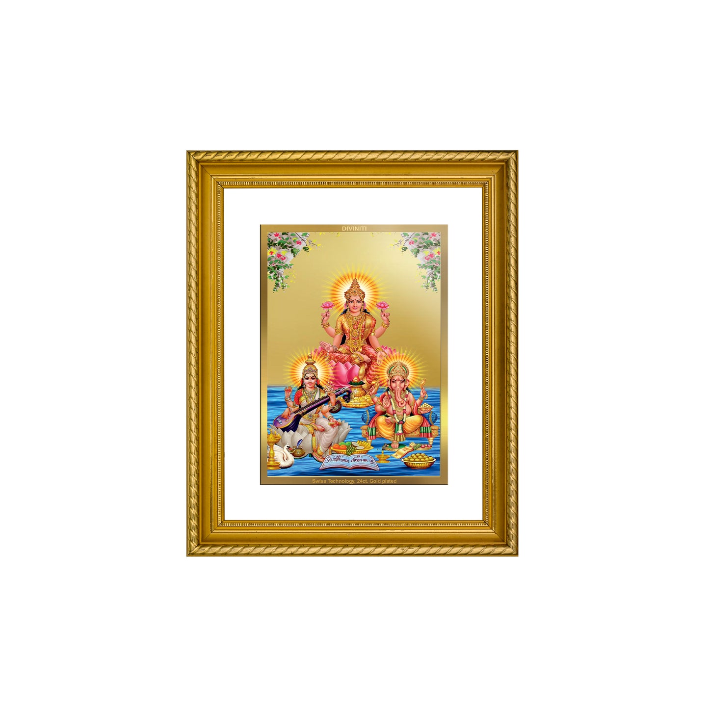 Diviniti 24K Gold Plated Lakshmi Ganesha Saraswati Wooden Photo Frame for Home & Office Decor, Wall Hanging, Tabletop, Puja Room, Gift DG056S2.5 (29.5x24.5 CM)