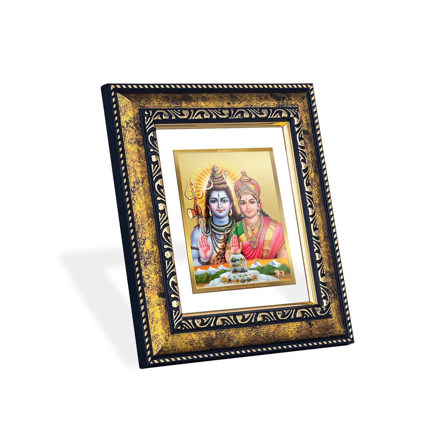 DIVINITI 24K Gold Plated Shiv Parvati Photo Frame Idol for Home Decor, Puja Room, Table Top, Wall Hanging, Workshop, Luxurious Gift|DG113 Size 2 (22.6x18.4 CM)