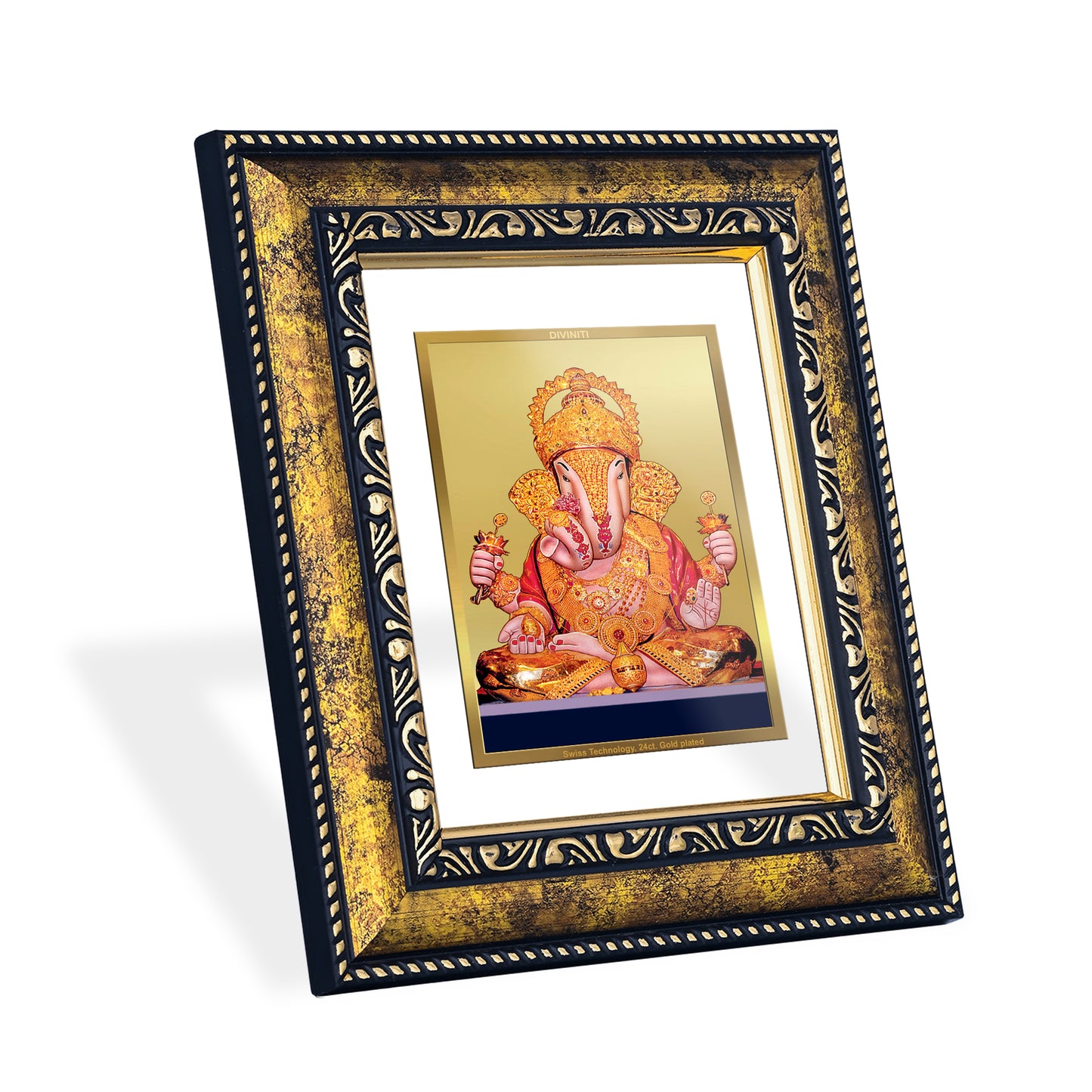 DIVINITI 24K Gold Plated Foil Dagdu Ganesha Photo Frame for Wall Hanging, Home Decor, Workshop, Table Top, Luxury Gift|DG113 Size 2 (22.6x18.4 CM)