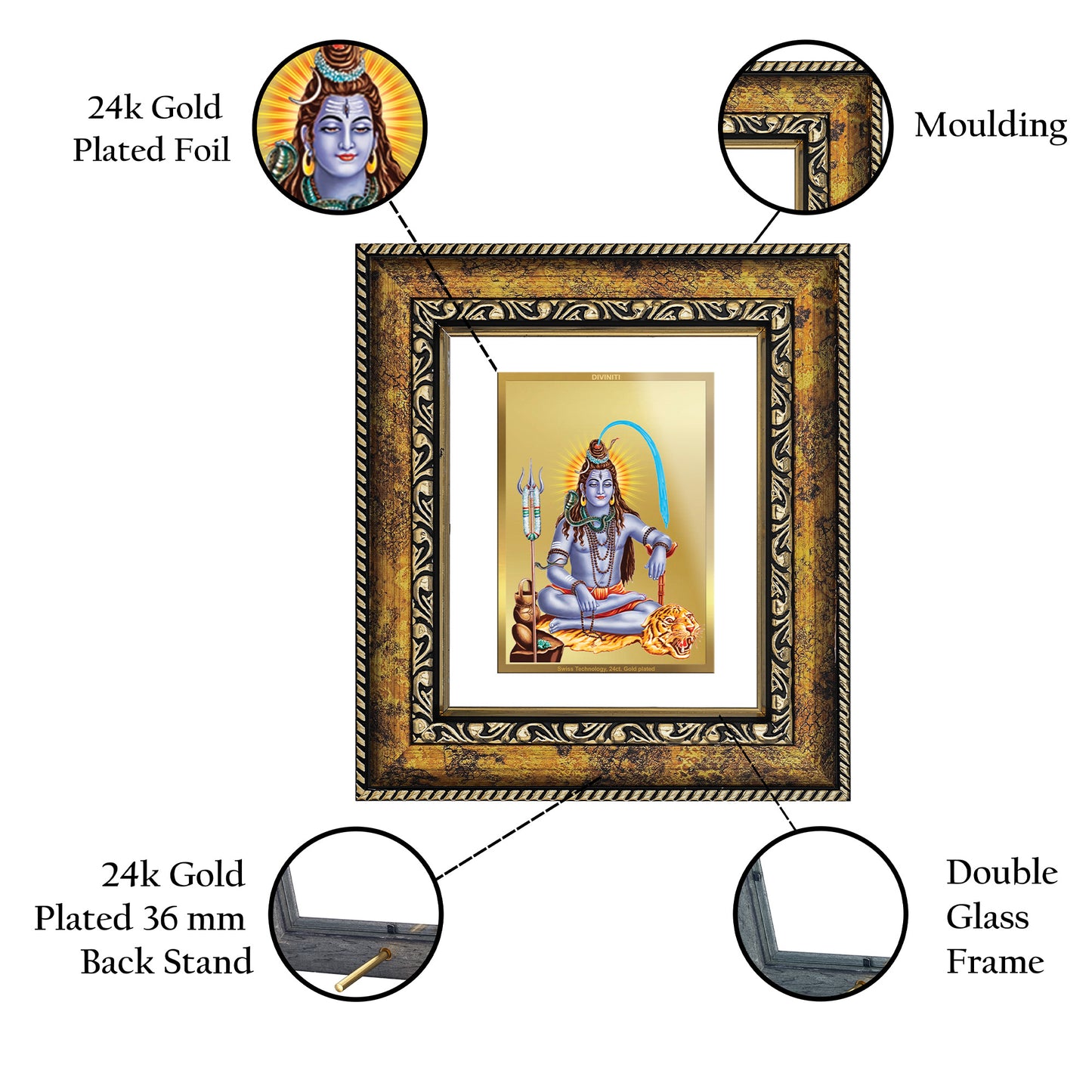 DIVINITI 24K Gold Plated Foil Shiva Wall Photo Frame, Table Decor for Home & Office Decor Gift Items DG 113 Size 1 (17.7x15.9 CM)