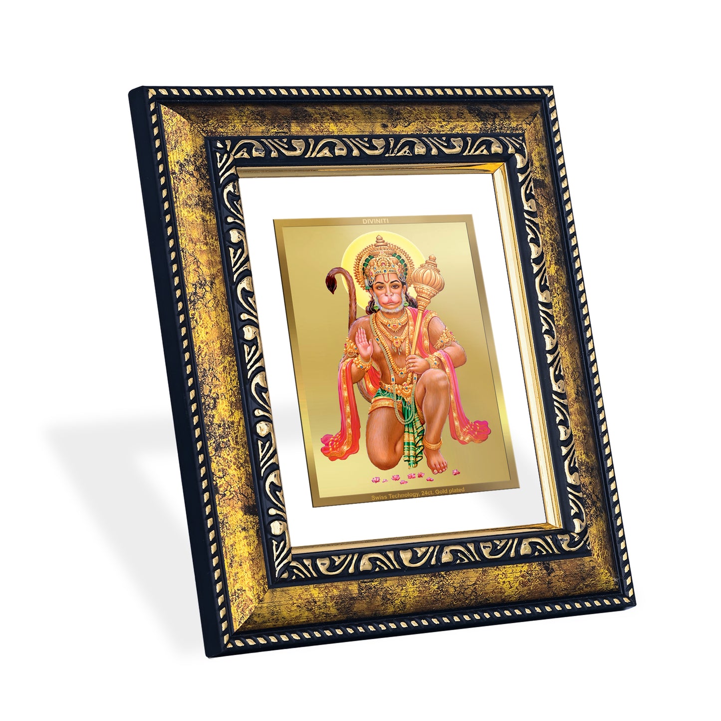 DIVINITI 24K Gold Plated Foil Lord Hanuman Photo Frame for Wall Hanging, Workshop, Table Top, Home Decor, Gift|DG113 Size 2 (22.6x18.4 CM)