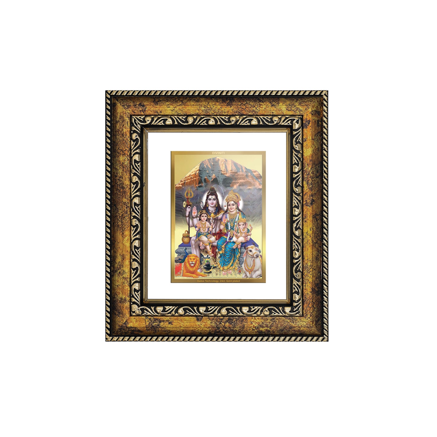 DIVINITI 24K Gold Plated Foil Shivji Parivar Wall Photo Frame, Table Decor for Home & Office Decor Gift Items DG 113 Size 1 (17.7x15.9 CM)