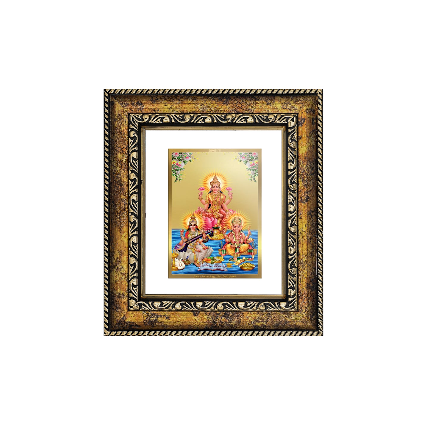 DIVINITI 24K Gold Plated Foil Lakshmi Ganesha Saraswati Wall Photo Frame, Table Decor for Home & Office Decor Gift Items DG 113 Size 1 (17.7x15.9 CM)