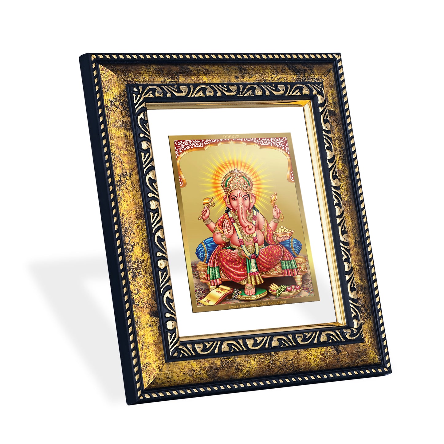 DIVINITI 24K Gold Plated Foil Lord Ganesha Photo Frame for Home & Office Decor, Wall Hanging, Workshop, Table Top, Gift|DG113 Size 2 (22.6x18.4 CM)