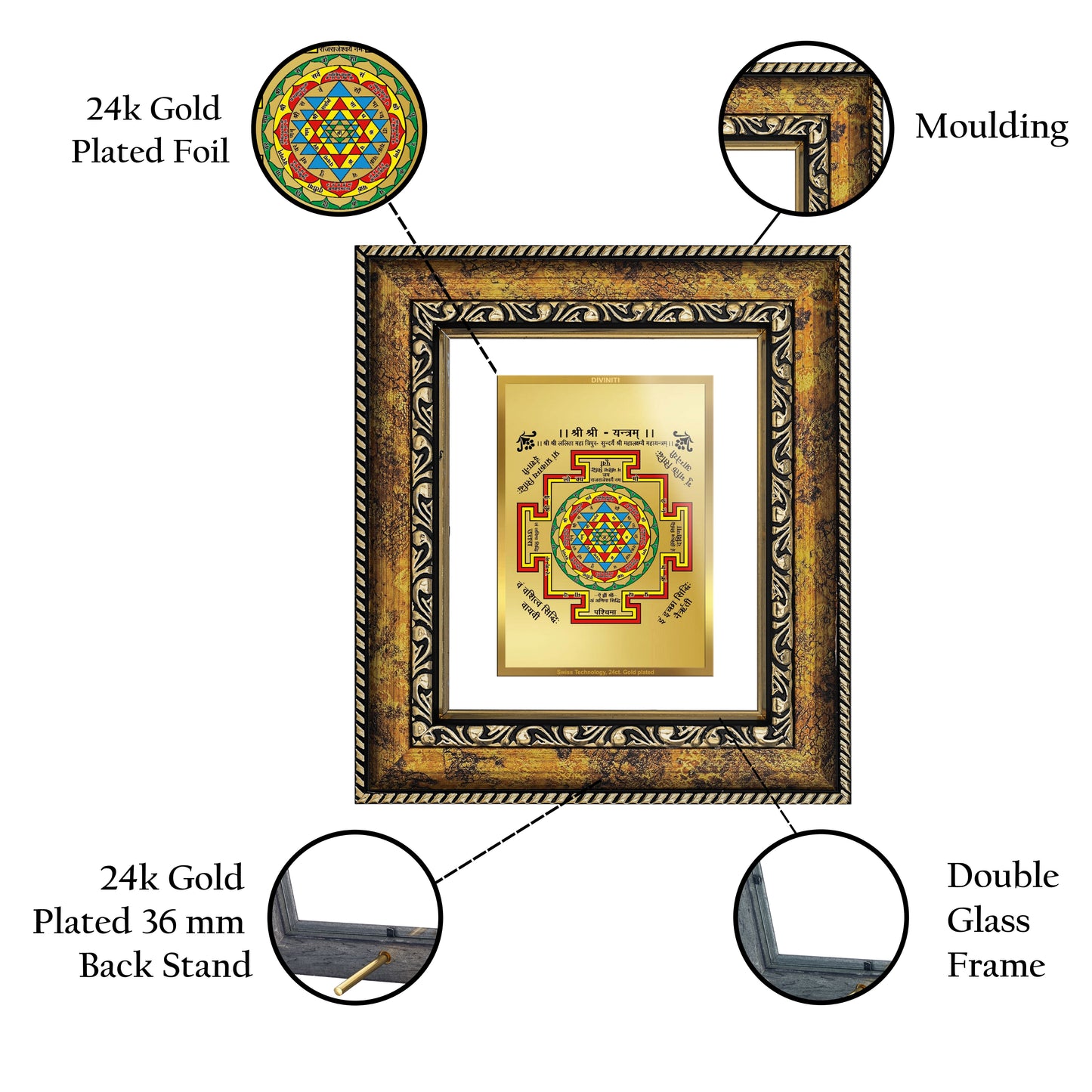 DIVINITI 24K Gold Plated Foil Shree Yantra Wall Photo Frame, Table Decor for Home & Office Decor Gift Items DG 113 Size 1 (17.7x15.9 CM)