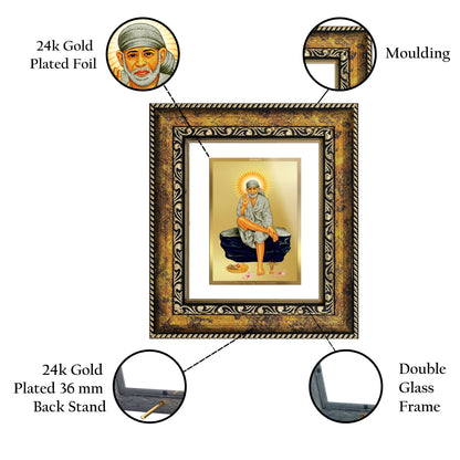 DIVINITI 24K Gold Plated Foil Sai Baba Wall Photo Frame, Table Decor for Home & Office Decor Gift Items DG 113 Size 1 (17.7x15.9 CM)