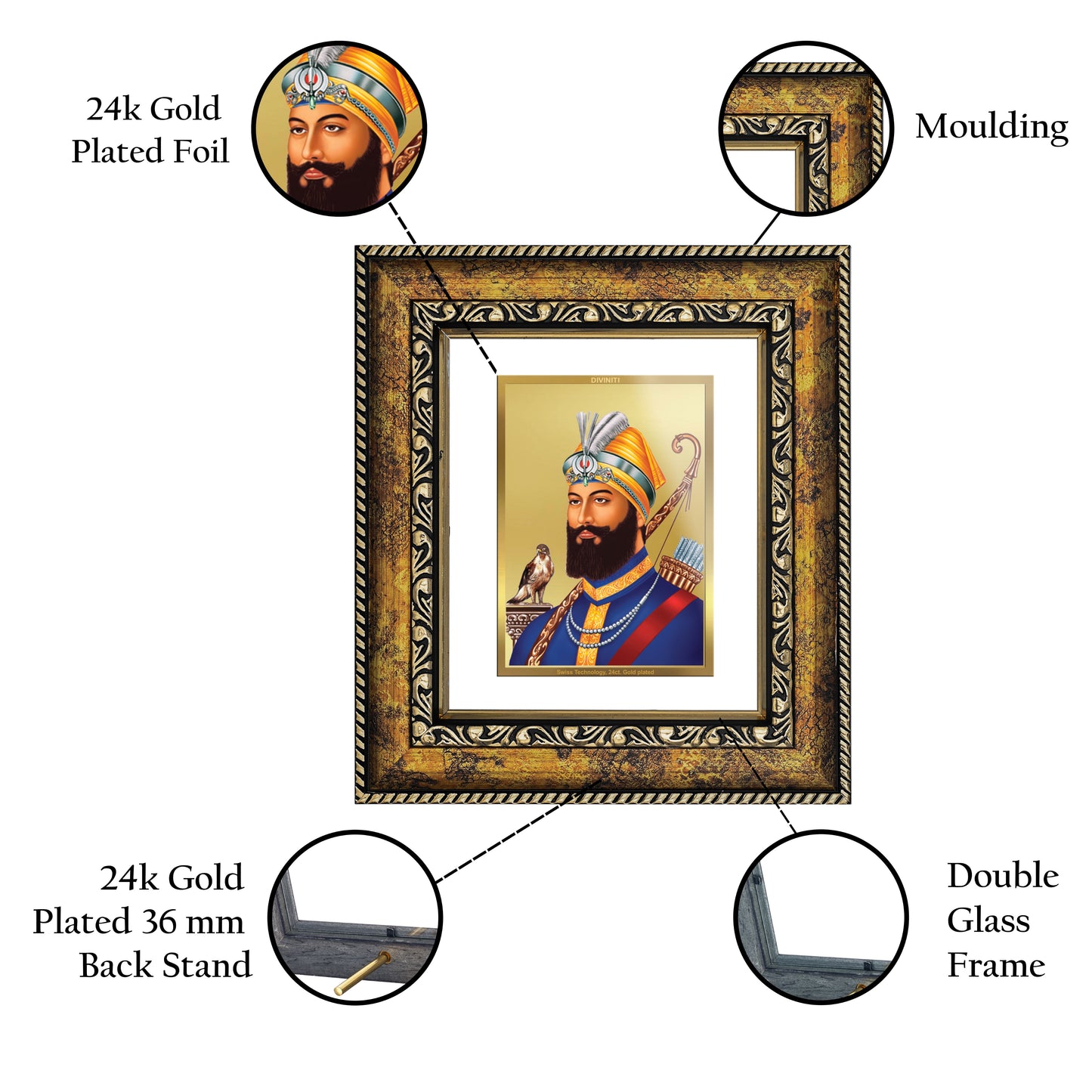 DIVINITI 24K Gold Plated Foil Guru Gobind Singh Wall Photo Frame, Table Decor for Home & Office Decor Gift Items DG 113 Size 1 (17.7x15.9 CM)