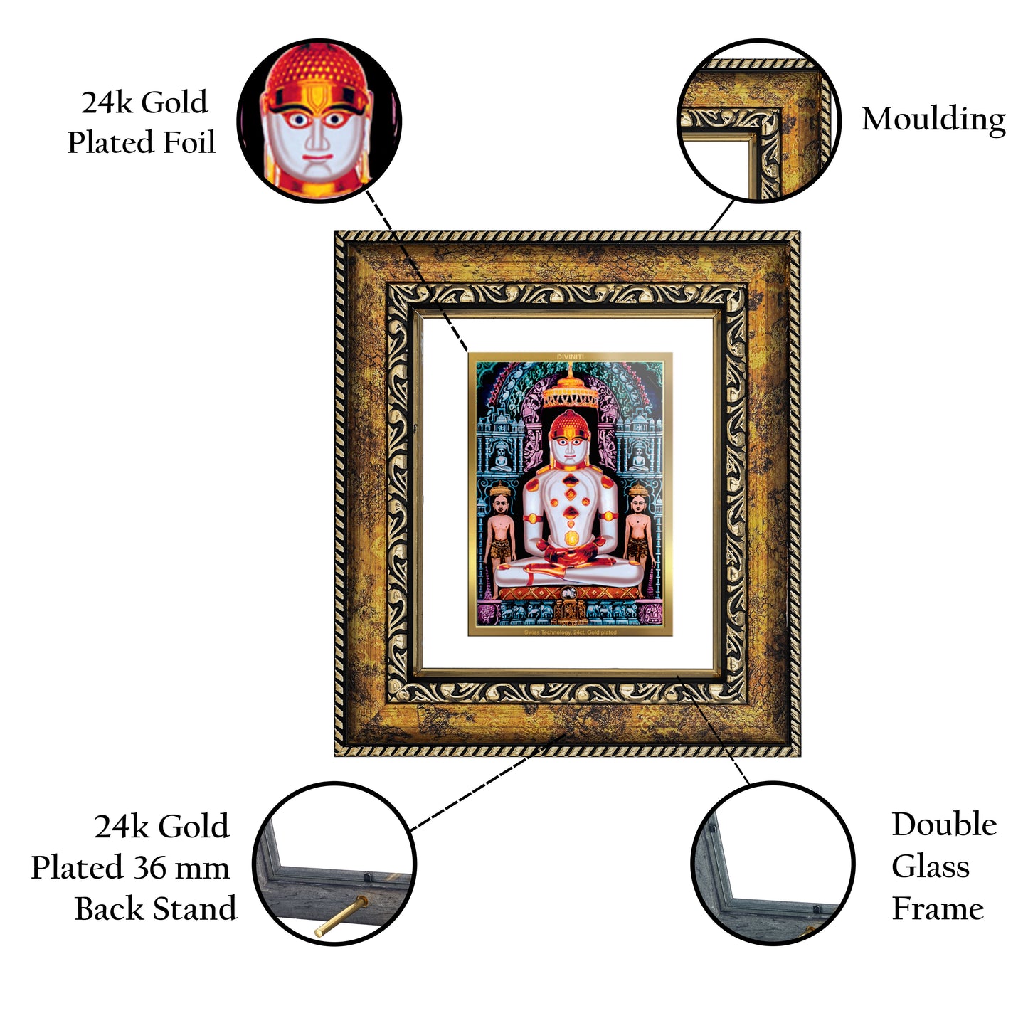 DIVINITI 24K Gold Plated Foil Adinath Wall Photo Frame, Table Decor for Home & Office Decor Gift Items DG 113 Size 1 (17.7x15.9 CM)