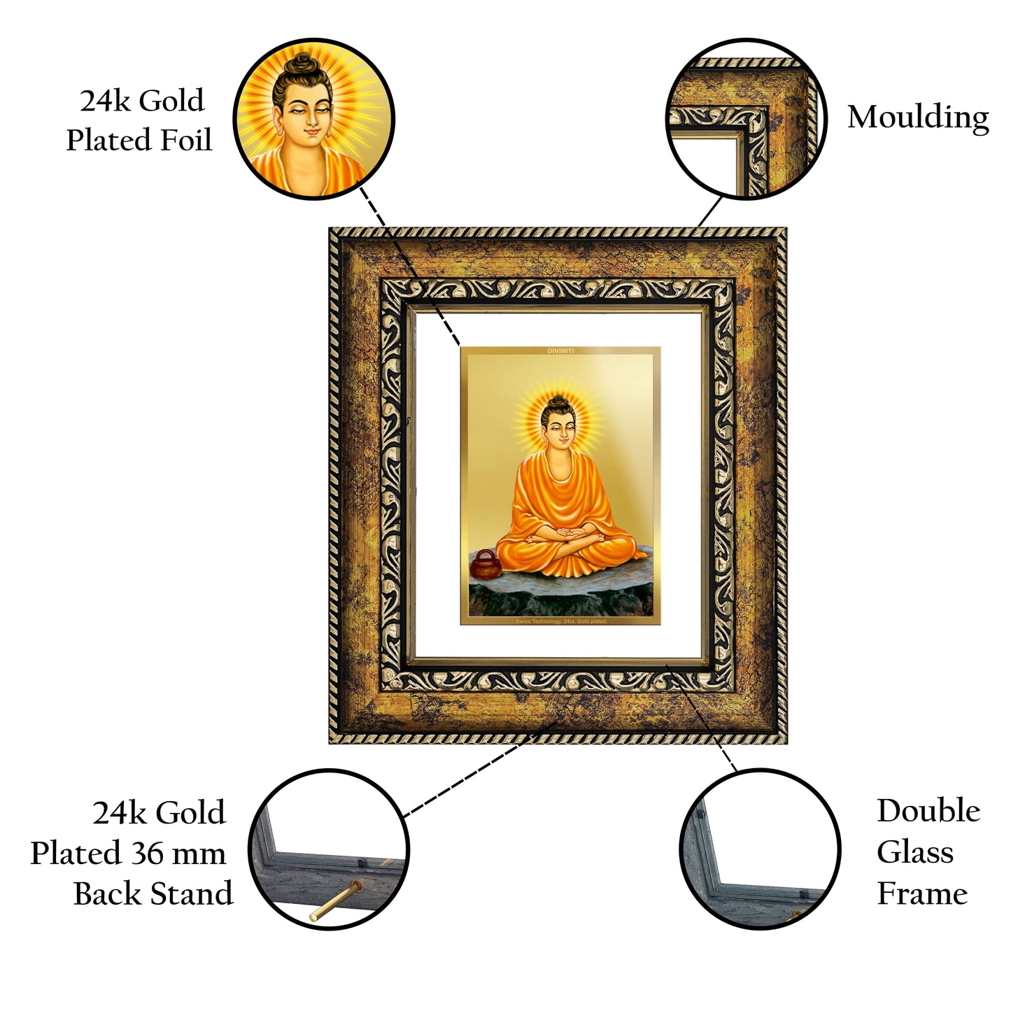 DIVINITI 24K Gold Plated Foil Buddha Wall Photo Frame, Table Decor for Home & Office Decor Gift Items DG 113 Size 1 (17.7x15.9 CM)