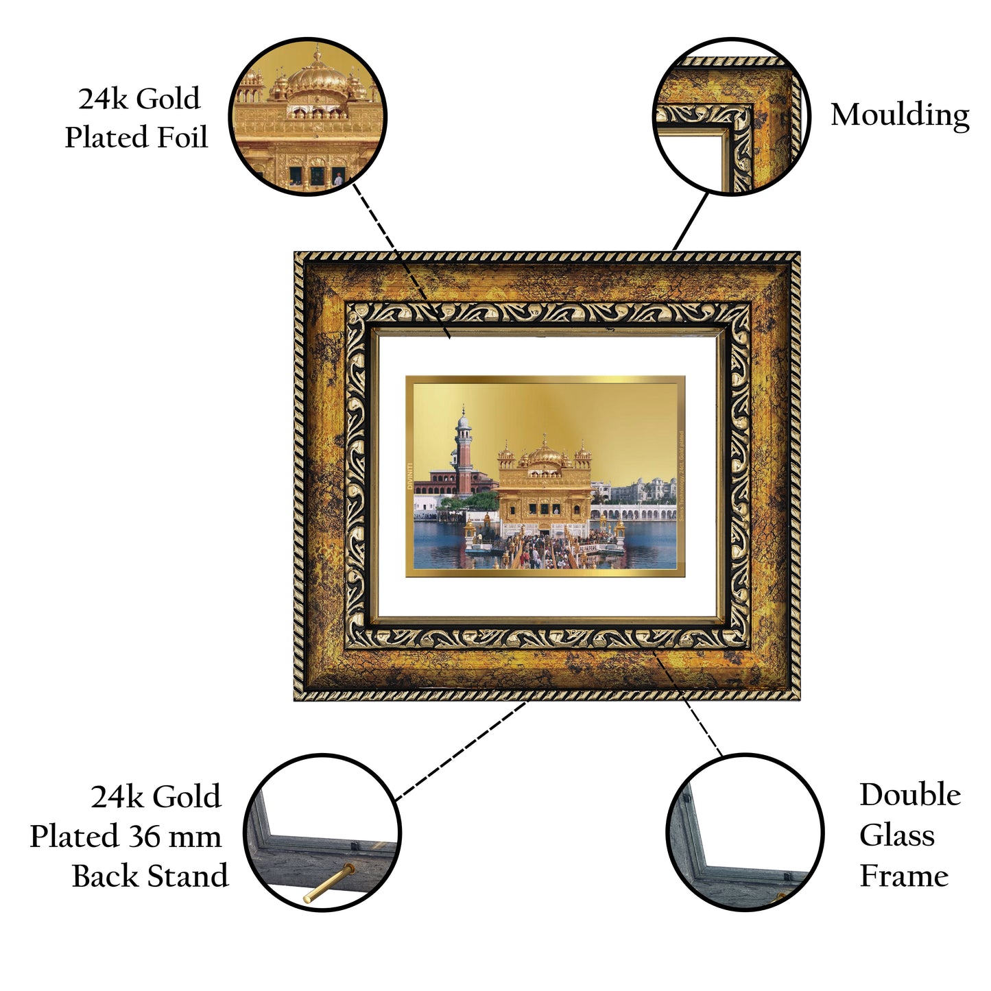 DIVINITI 24K Gold Plated Foil Golden Temple Wall Photo Frame, Table Decor for Home & Office Decor Gift Items DG 113 Size 1 (17.7x15.9 CM)