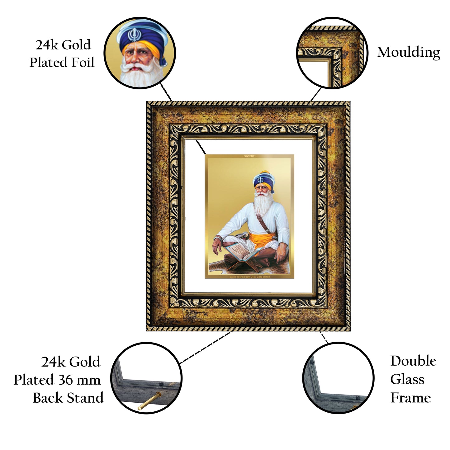 DIVINITI 24K Gold Plated Foil Baba Deep Singh Wall Photo Frame, Table Decor for Home & Office Decor Gift Items DG 113 Size 1 (17.7x15.9 CM)