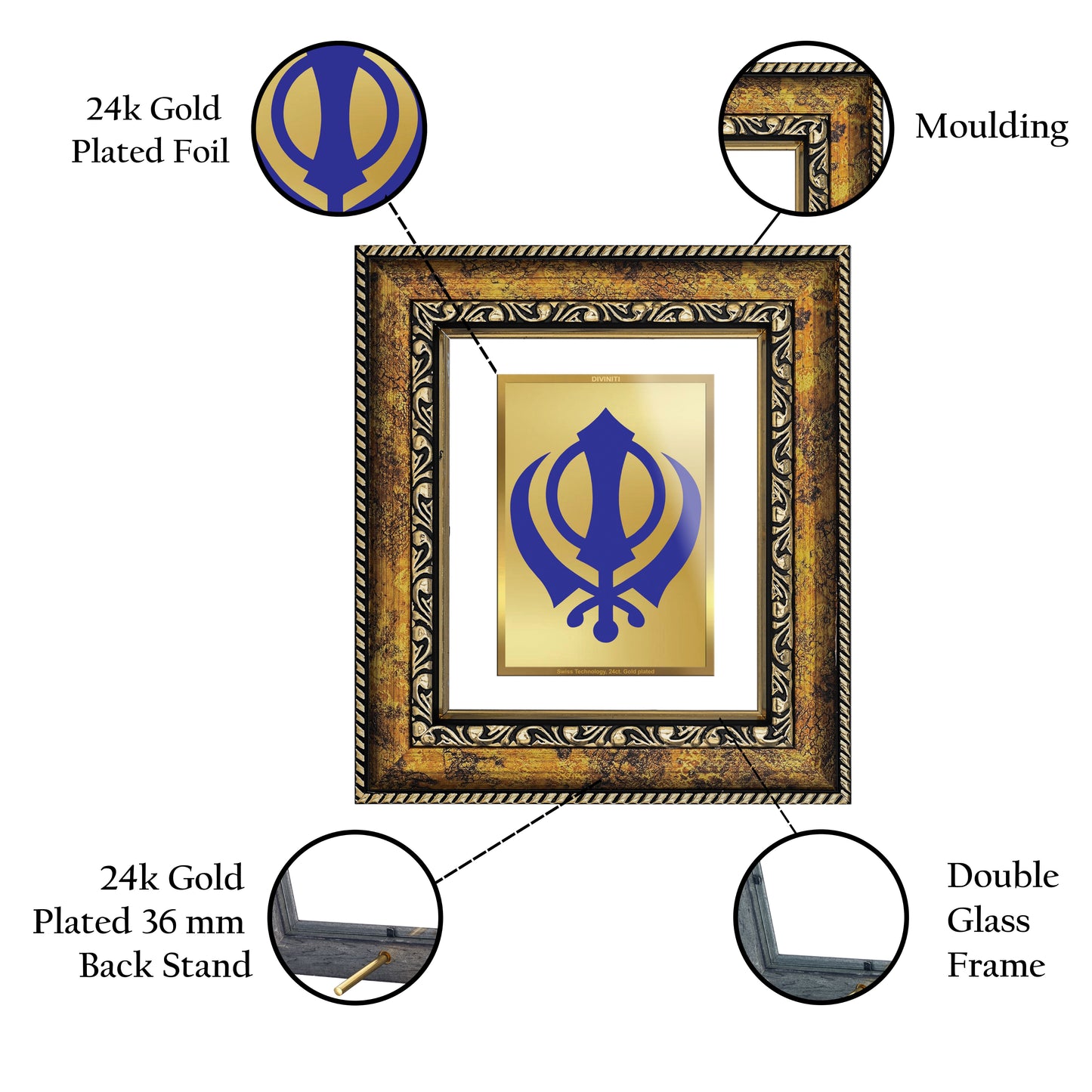 DIVINITI 24K Gold Plated Foil Khanda Sahib Wall Photo Frame, Table Decor for Home & Office Decor Gift Items DG 113 Size 1 (17.7x15.9 CM)