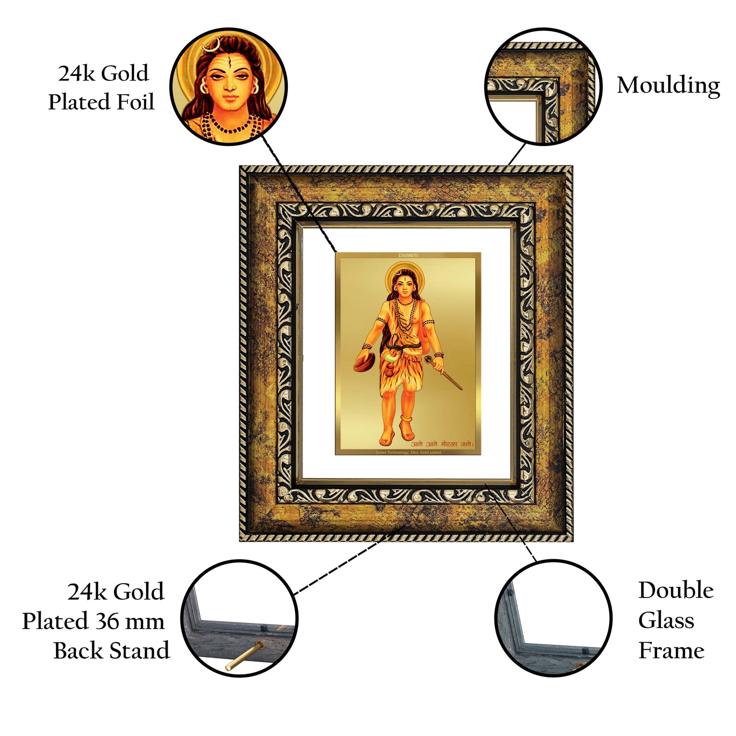 DIVINITI 24K Gold Plated Foil Guru Gorakhnath Wall Photo Frame, Table Decor for Home & Office Decor Gift Items DG 113 Size 1 (17.7x15.9 CM)